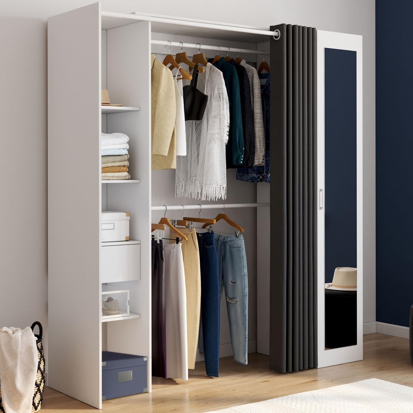 IDMarket - Dressing extensible MERYL 145/170 x 50 x 180 cm blanc avec étagères + double penderie + miroir + rideau gris