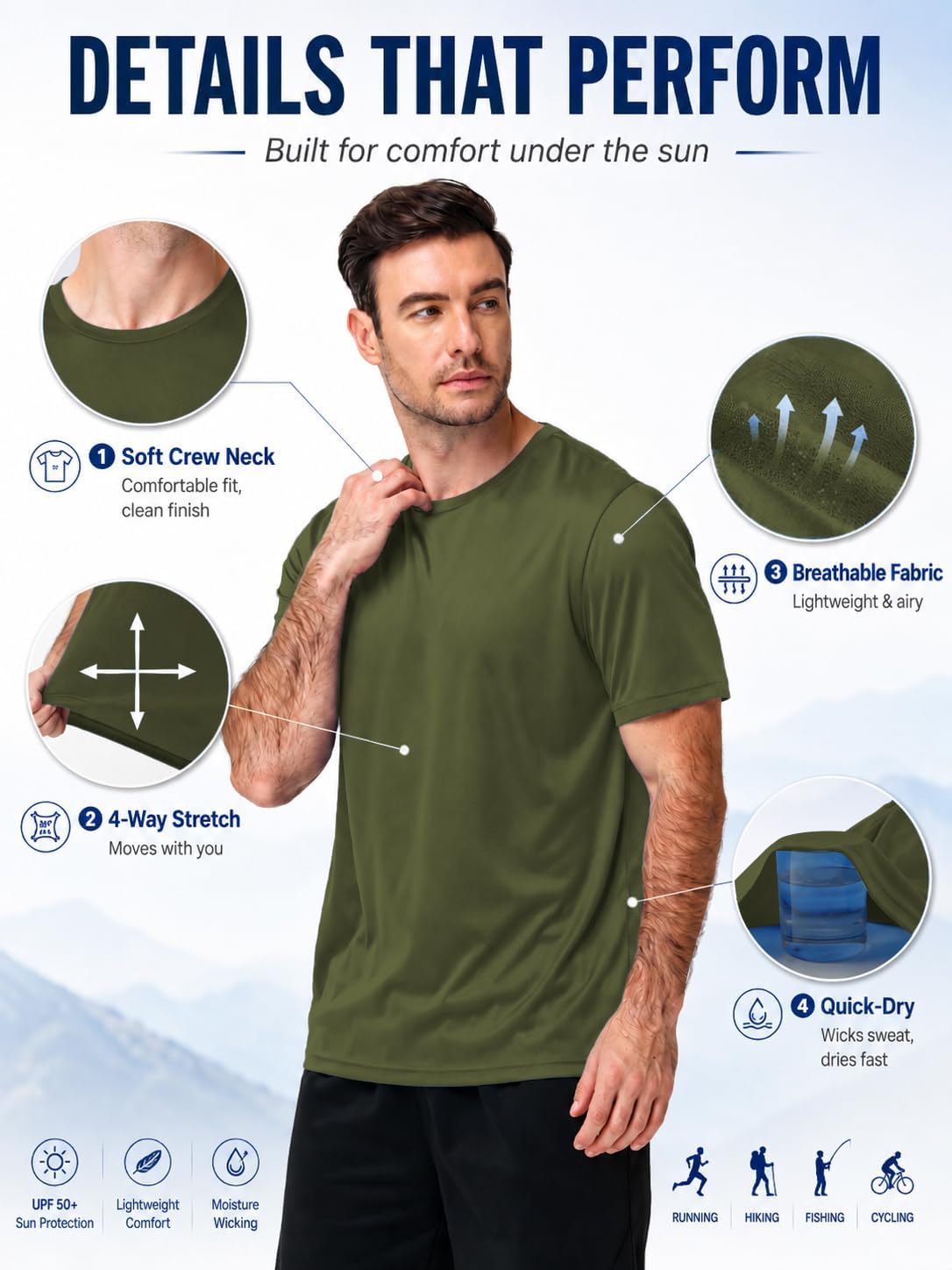 ZITY 5 Packs Men's UPF 50+ Sun Protection T-Shirts Workout Fishing Swimming Rash Guard Fast Dry Breathable Shirt