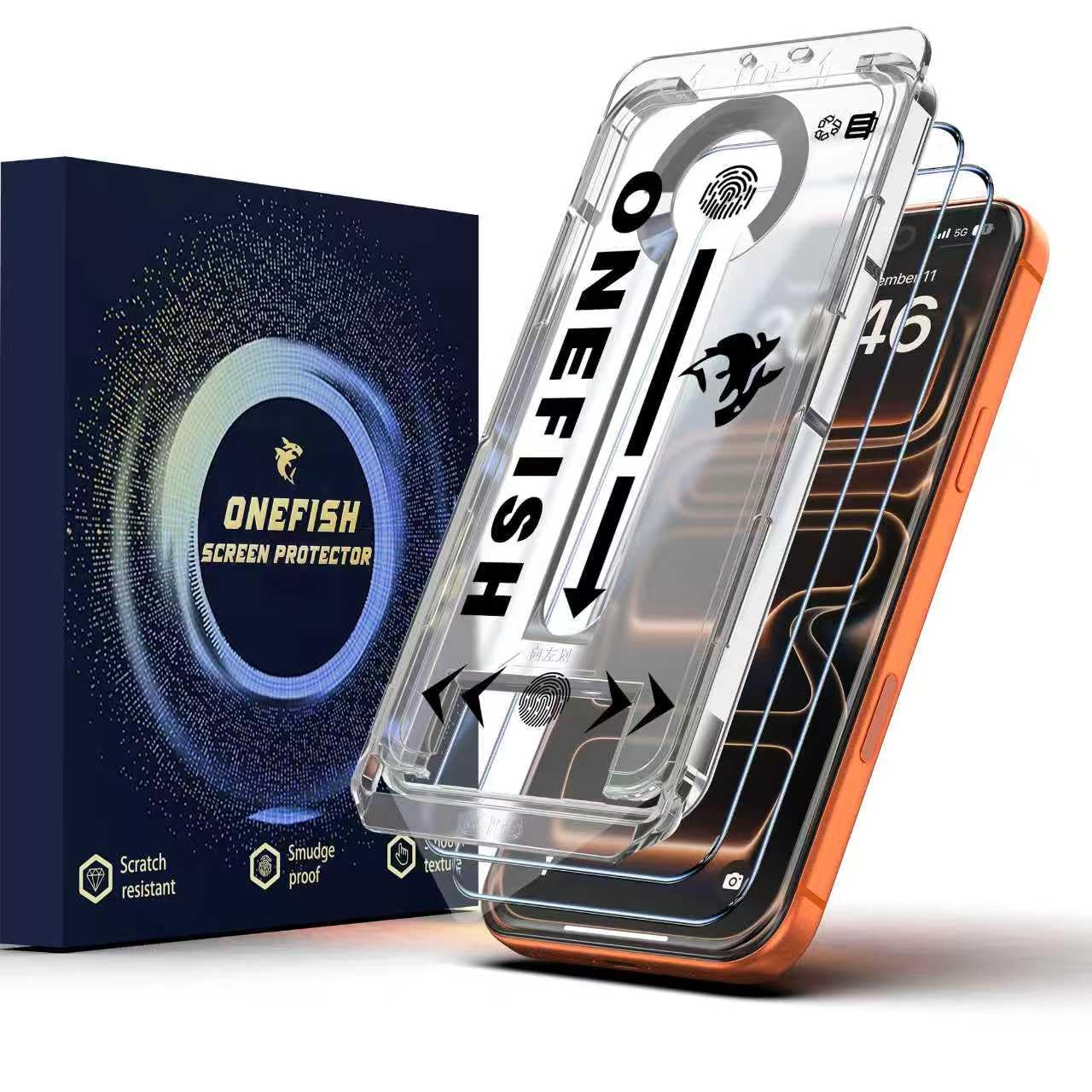 【光沢仕樣】Onefish iPhone 17 Pro用強化ガラススクリーンプロテクター、HD透明、気泡なし、簡単なインストール、自動ほこり除去、抗指紋、抗飛散、抗スクラッチ、2枚