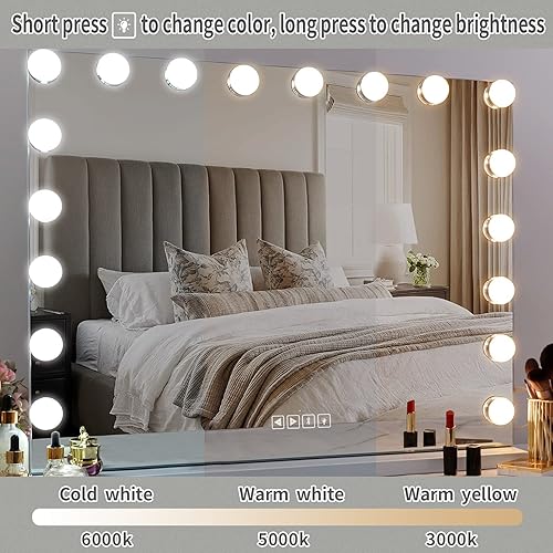 Miniatura 8 de Fenair Espejo de tocador grande con luces y altavoz, espejo de maquillaje iluminado Hollywood con base resistente, 18 bombillas LED regulables, 3