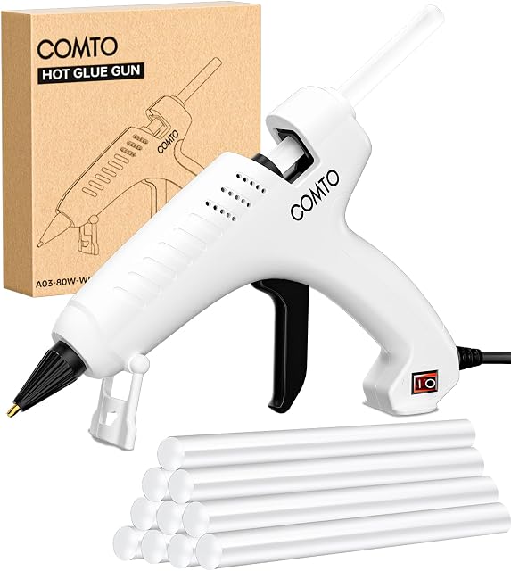Full Size Hot Glue Gun with 10 Sticks, Heavy Duty Glue Gun with 80W Super Power, Anti-Scald Nozzle and Easy Squeeze Trigger, Perfect for Crafting, DIY and Repairs - White