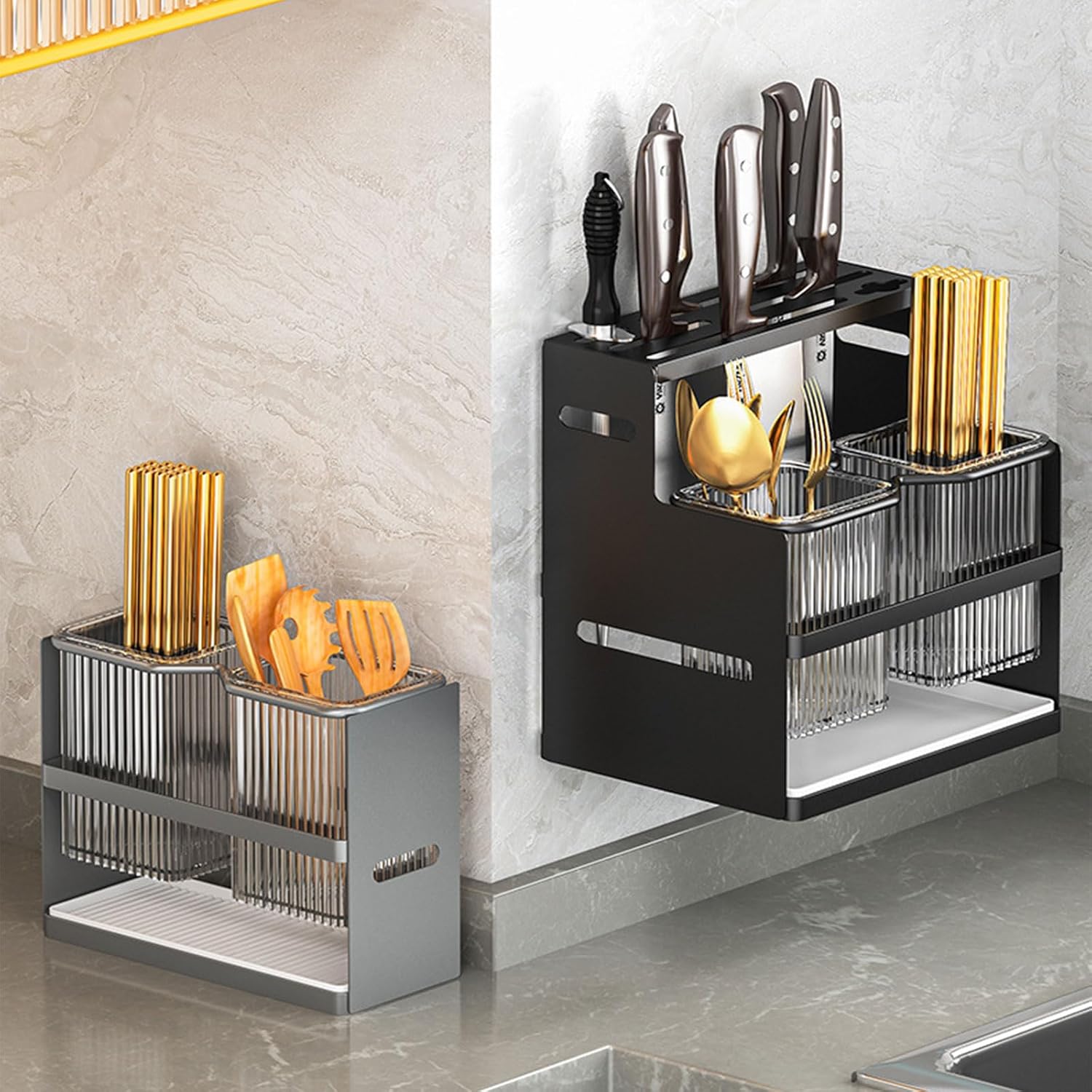 Dxcaicc Kitchen Storage Racks with Knife Holder,Tableware Utensil Holder with Drain Tray,Knife and Fork Container for Cabinet,Kitchen Countertop Rack for Cooking Tools,Grey