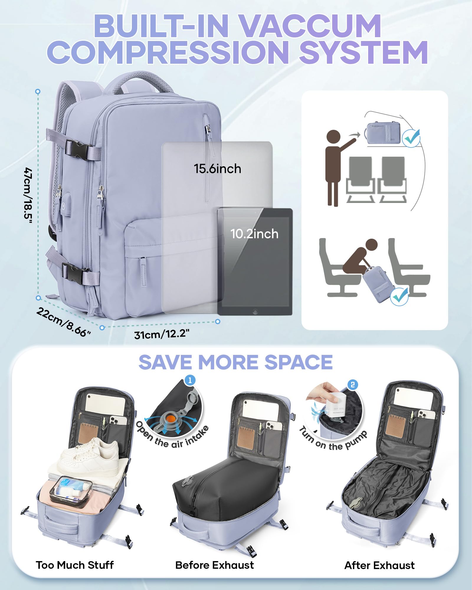 SZLX Sac à Dos Sous Vide Bagage à Main Pour Femmes, Sac à Dos Airbag Avec Système De Vide Pour Le Voyage, Ryanair Travel Ruscksack Taille Cabine Avec Pompe étanche Valise Sous Vide Pour Homme