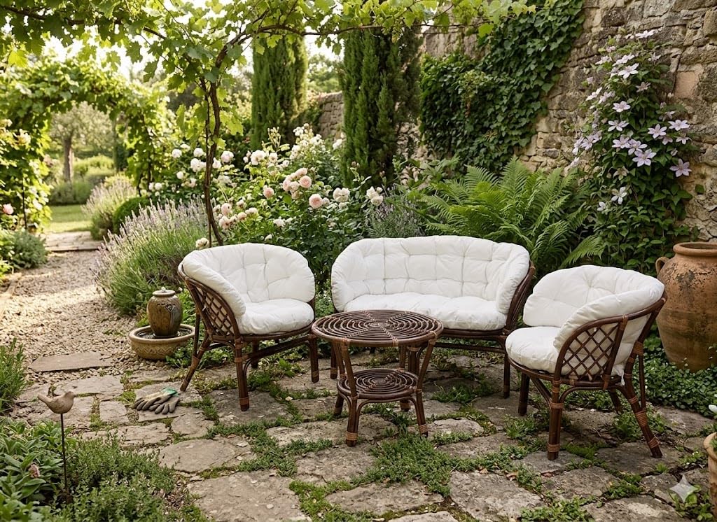 SALOTTO set VIMINI RATTAN naturale NOCE 2 POLTRONE 1 DIVANO 1 TAVOLO CASA E GIARDINO COMPLETO DI CUSCINI CON LACCETTI non in kit di montaggio spedito su bancale