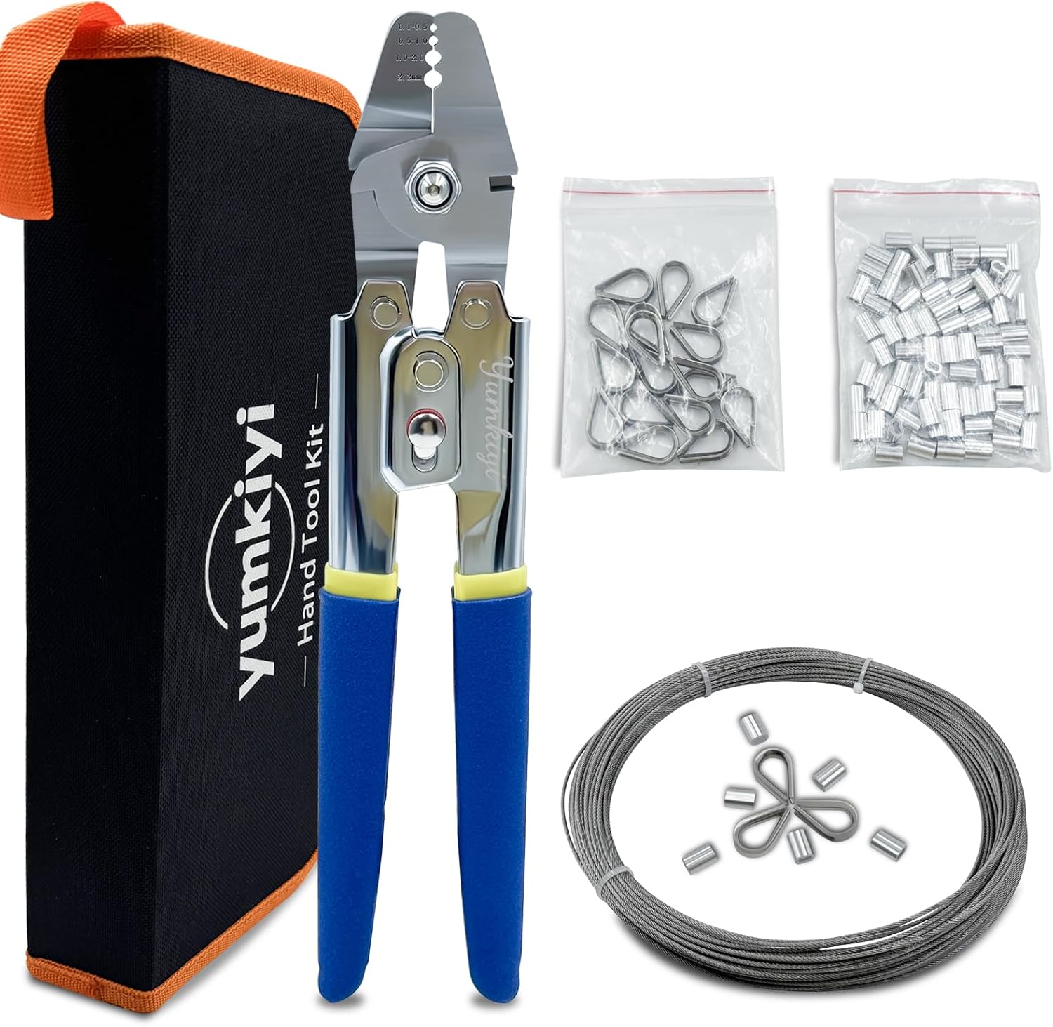 99FT Wire Rope Crimping Tool Kit, 304 Stainless Steel Cable with 150PCS Aluminum Crimping Sleeves and 15PCS Thimbles for Fishing Leader Making Kit, Decking, Garden Hanging Lamp.