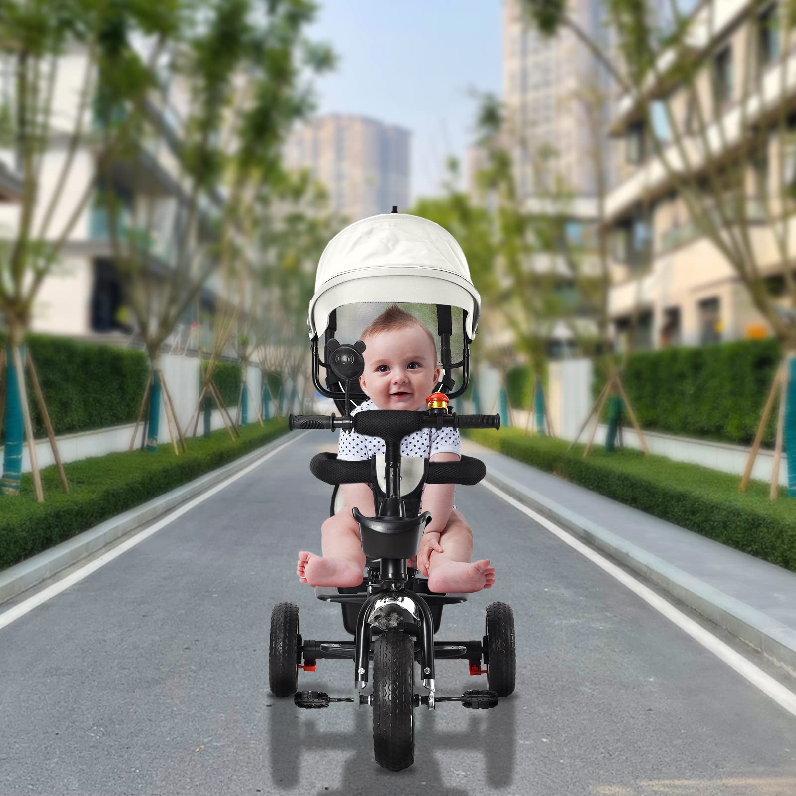 Tricycle Bébé Évolutif, Draisienne Évolutif pour Enfants avec Barre à Pousser, Velo Poussette Bebe, Velo Enfant avec Pare-Soleil (Gris)