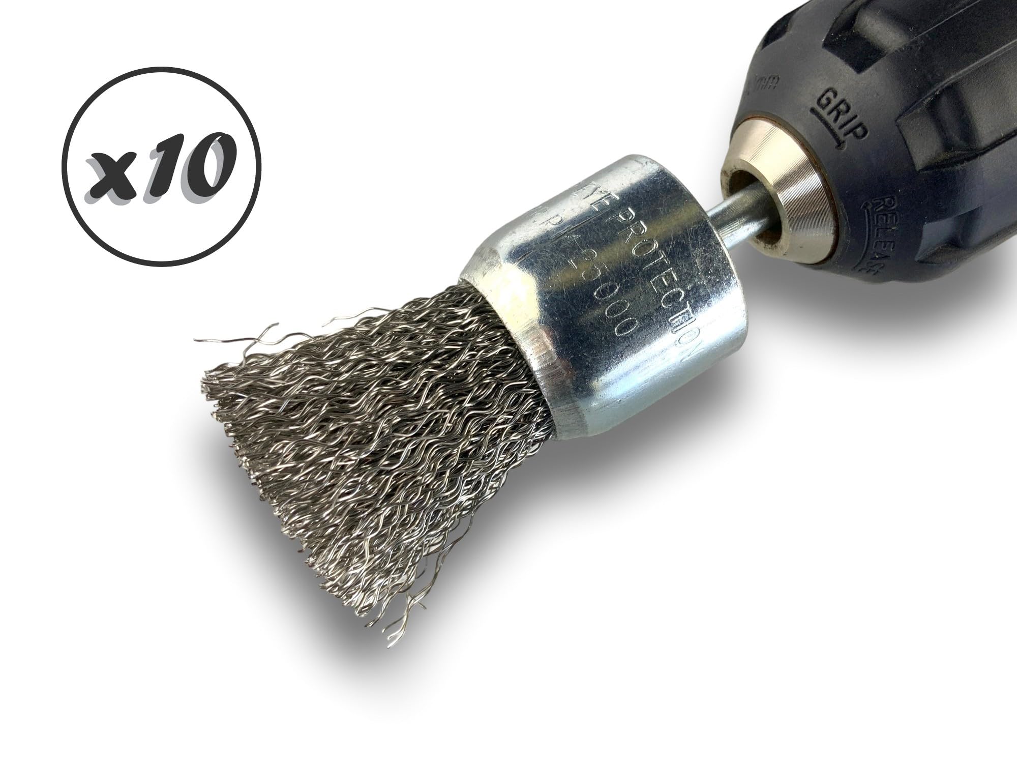 Juego de 10 cepillos giratorios metálicos en punta Ø 28 mm | Forma de pincel sobre varilla Ø 6 mm | Alambre inoxidable Ø 0,30 mm duro | Para taladro o destornillador de mandril | Cepillado y decapado