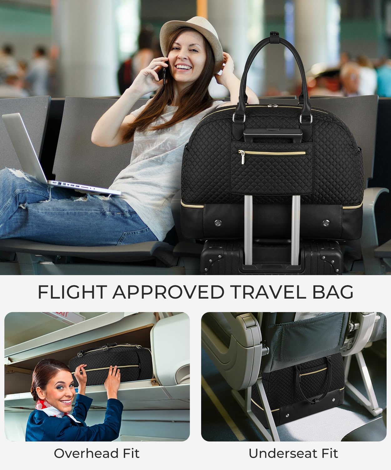 Weekender Bags for Women, Large Travel Duffel Bag Carry on Overnight Bag with Shoe Compartment and Toiletry Bag for Travel Business Gym Hospital, Black - Image 5