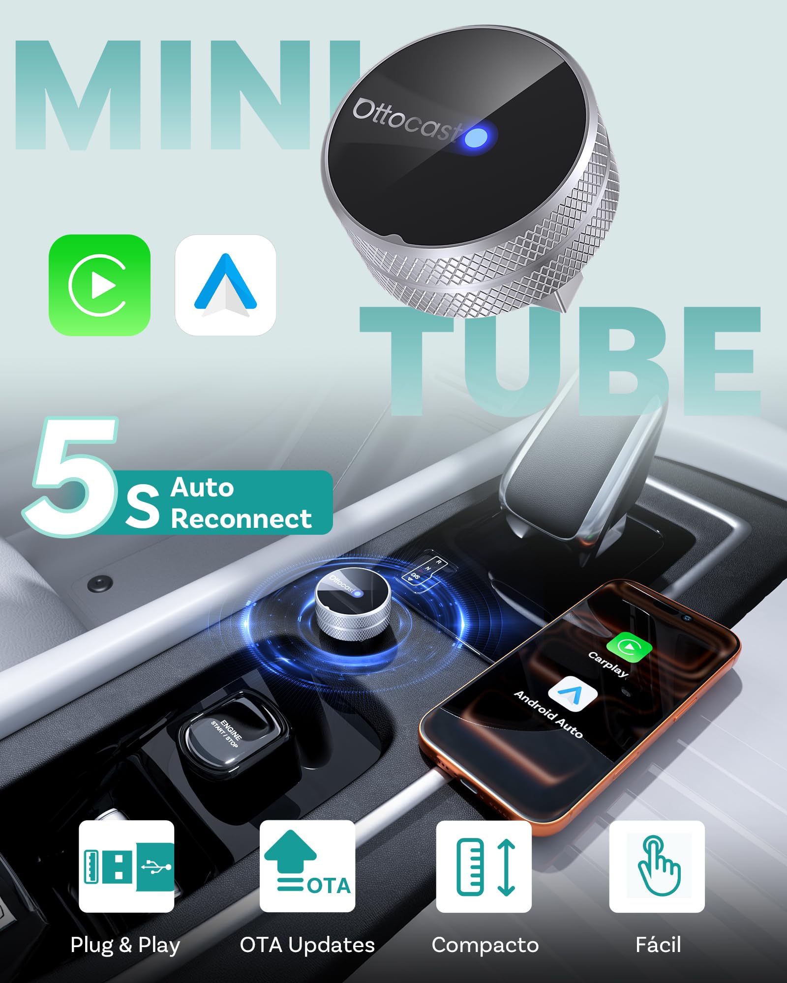 2026 OTTOCAST Mini Tube Adaptador Wireless CarPlay & Android Auto, | Convierte el Sistema con Cable en Inalámbrico, Plug & Play, Reconexión Automática, Actualizaciones OTA