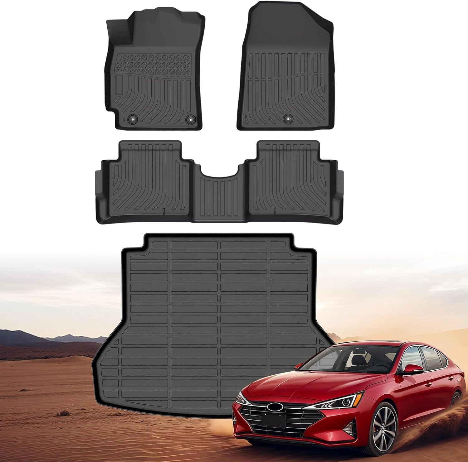 Floor Mats & Cargo Liner for Hyundai Elantra 2017-2020 (Not for Elantra GT), All Weather TPE Custom Fit Floor Liner for Hyundai Elantra Anti-Slip Front & 2nd Row & Trunk Mat