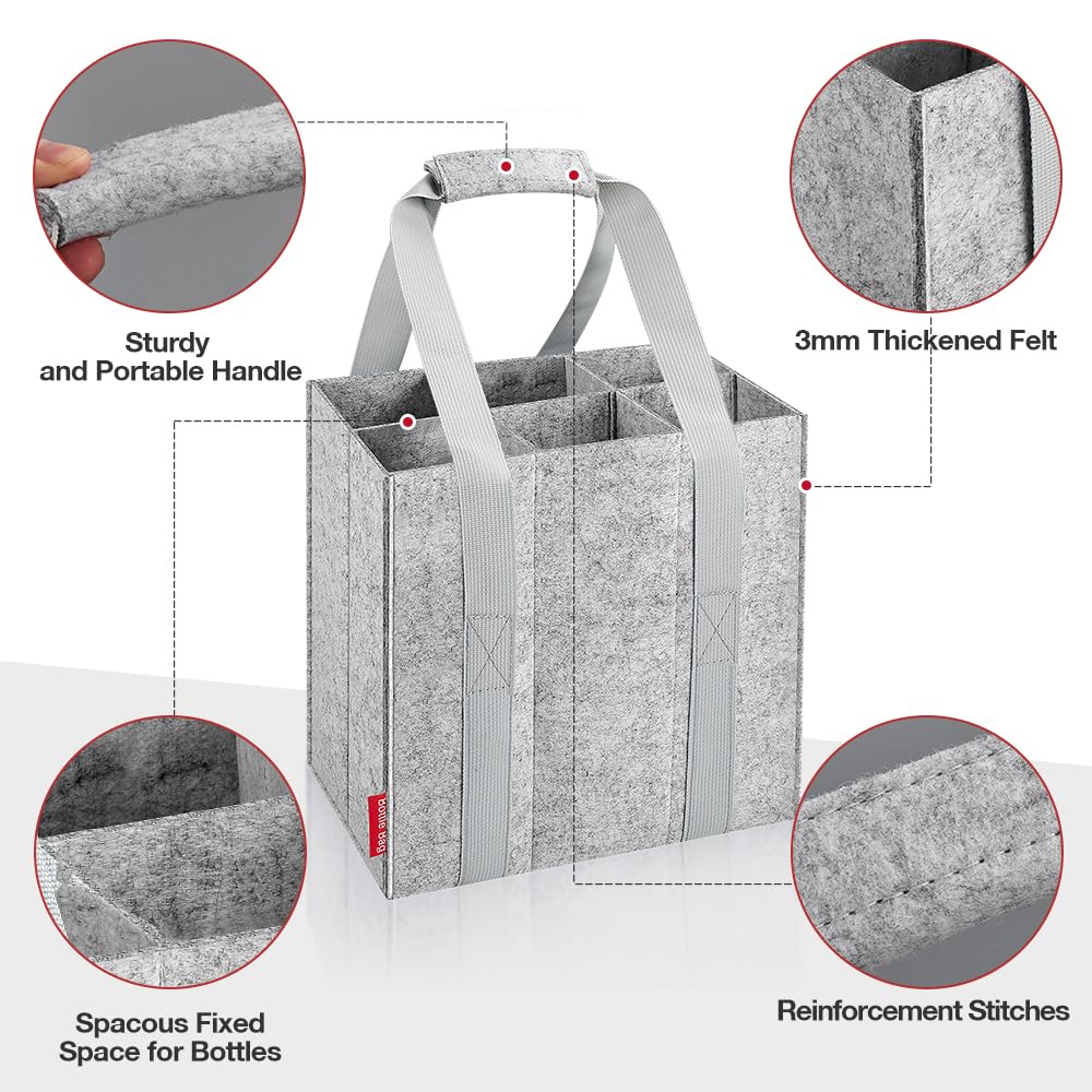 Eurhomewit Bottle Bag 6 Compartments, Wine Bottle Carrier Felt Wine Tote Bag Holder with Protable Handles - Image 4
