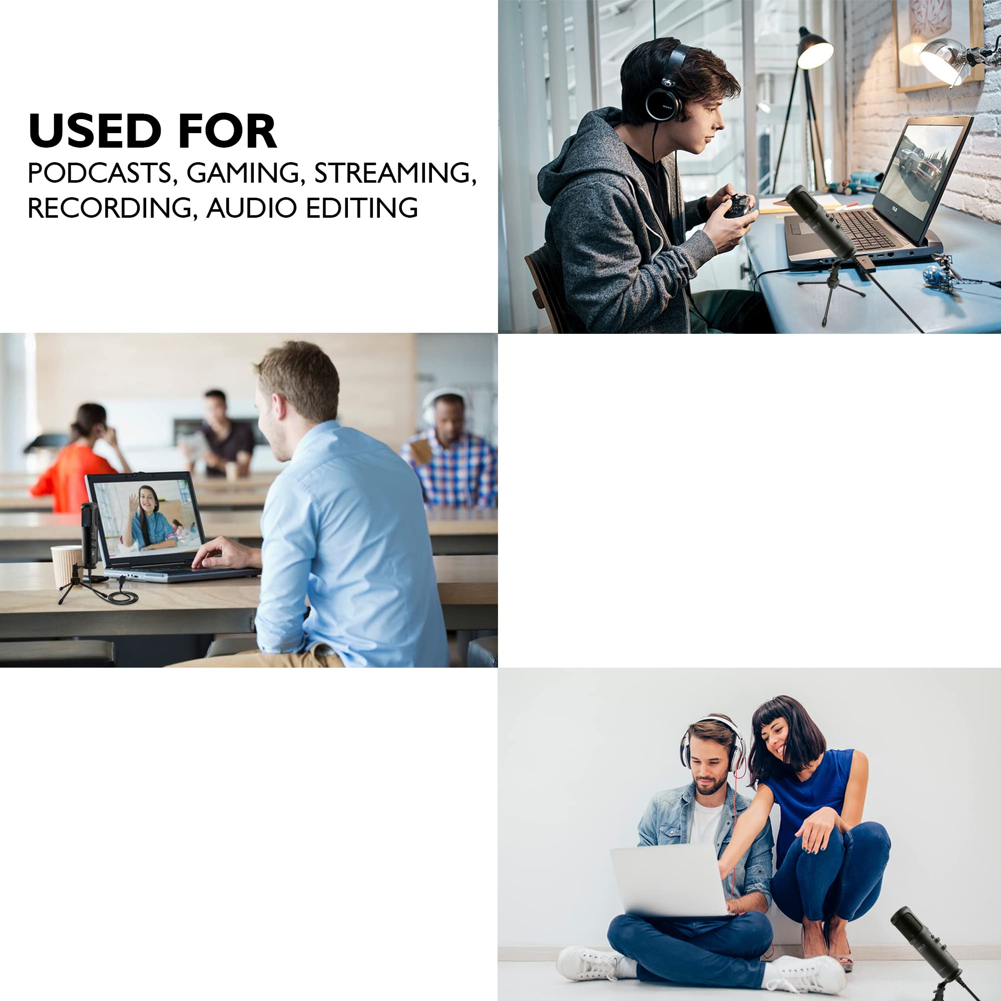 Jovial Pyle - Micrófono Condensador de grabación USB para PC, micrófono Condensador de Audio Profesional portátil, LED Azul, Ganancia Ajustable, Conector de Auriculares, Control de Silencio, Soporte