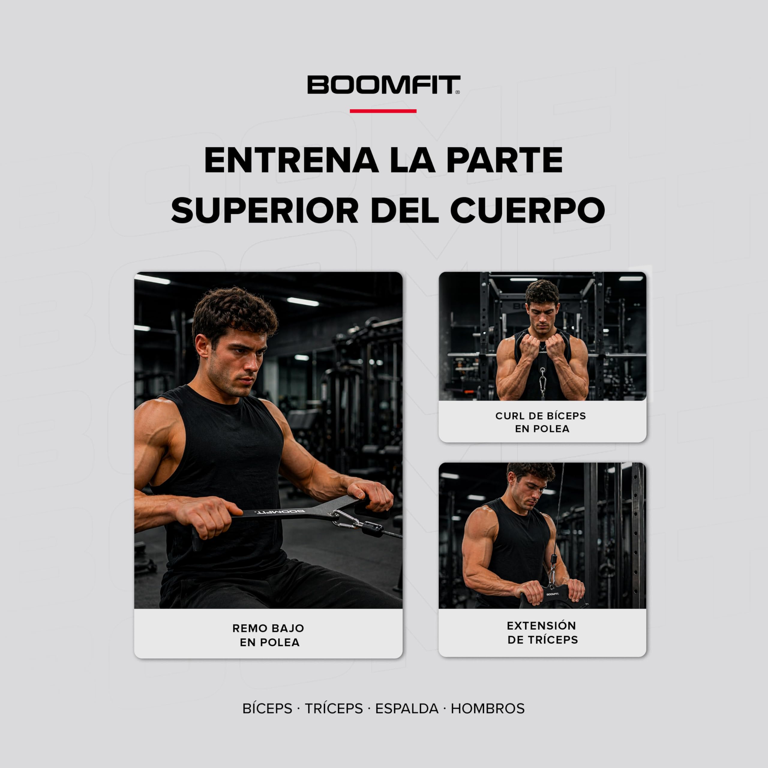 BOOMFIT Pack 8 Agarres para Polea en Hierro Fundido y PVC | Accesorios para Poleas de Gimnasio para Entrenar Espalda, Bíceps, Tríceps y Hombros | Incluye Barra de Jalón, Remo en V y Acoples de Remo | 8 agarres de hierro fundido para tu máquina de polea