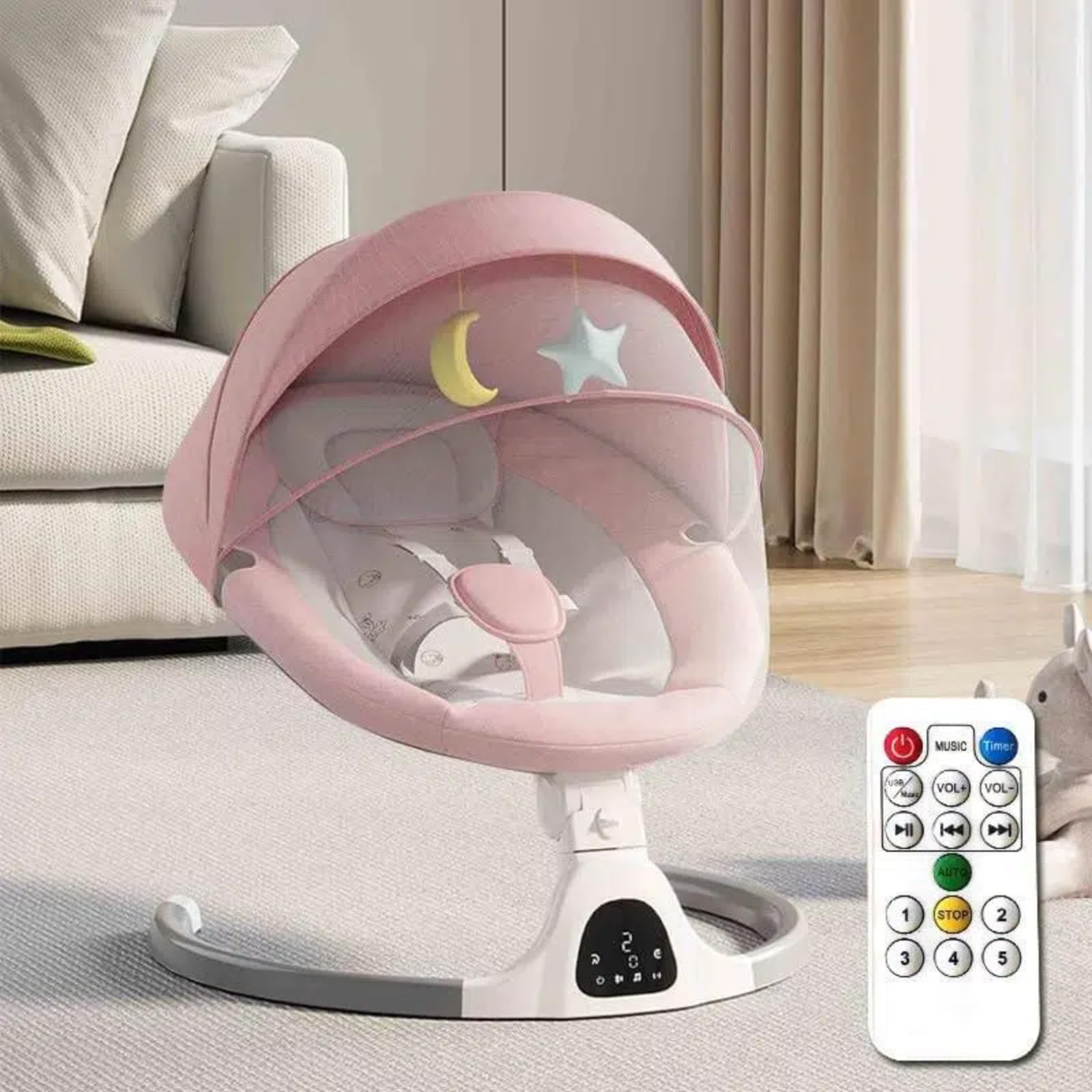 Bluetooth-Baby-Schaukel für Säuglinge, 5 Geschwindigkeit Musik-Lautsprecher mit 12 voreingestellten Schlaflieder, Fernbedienung Indoor-Baby-Wippe mit Touchscreen Stuhl für 0-9 Monaten (Pink)