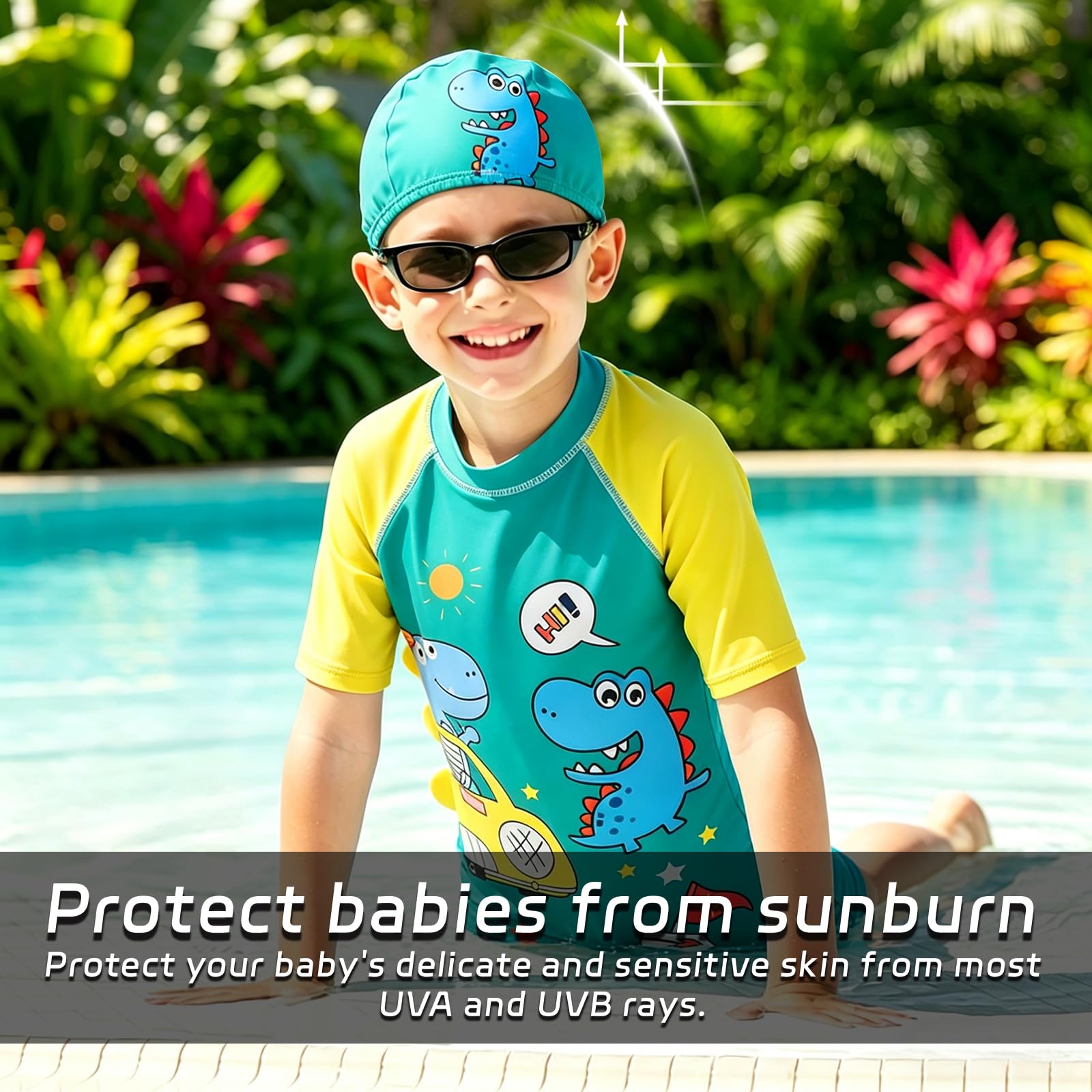 dellyy Costume da Bagno Intero Bambino con Cappello, Anti UV 50+ Costume Mare Bambino Manica Corta con Cerniera e Bottoni a Pressione, Costume Intero Neonato Anti-UV per Spiaggia e Piscina