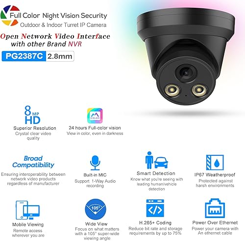 Miniatura 2 de Compatible con cámara IP Hikvision 8MP Colorvu Turret PoE (negro), cámara de visión nocturna 4K a todo color para exteriores con audiomicrófono,