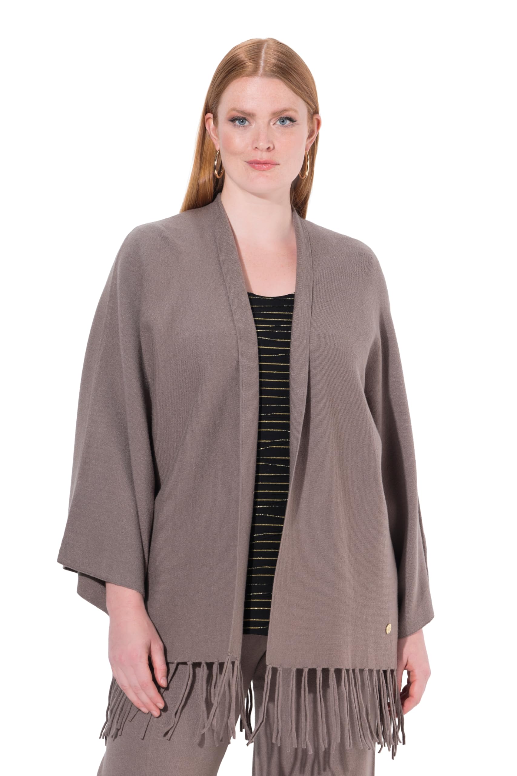 Ulla Popken Damen große Größen Übergrößen Plus Size Strickjacke, Fransensaum, ohne Verschluss, Langarm 843183