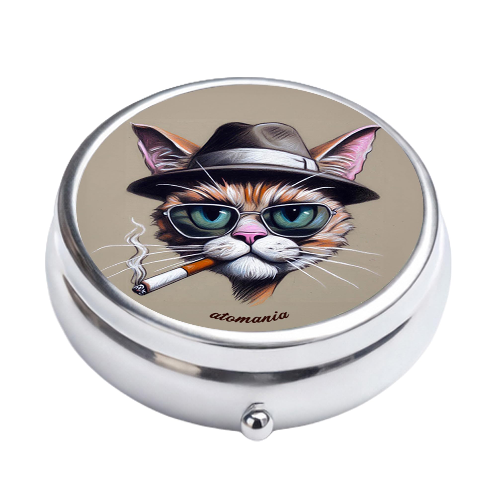 Cendrier de poche Pause Chat – Message humoristique – Chat stylé lunettes & chapeau – Étanche anti odeur – Acier inoxydable – Porte clé amovible – Compact 5 cm 70 g – Accessoire fumeur fun – Atomania