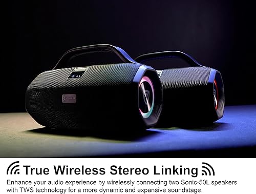 Miniatura 4 de Rockville SONIC-50L Altavoz Bluetooth portátil, sonido estéreo de 50 W, anillos LED duales, IPX5 resistente al agua, batería de hasta 24 horas, TWS,