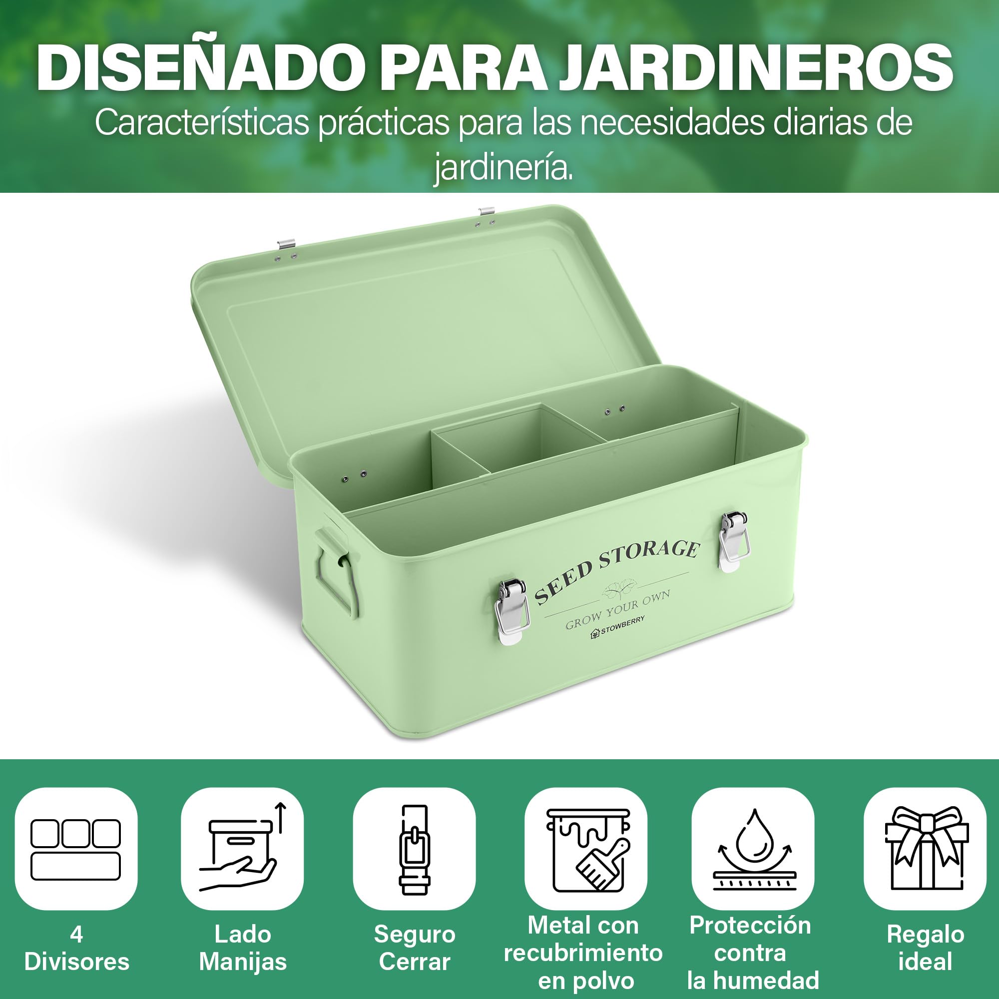 Caja organizadora para almacenar semillas: caja para semillas de jardín con tapa, asas y 4 compartimentos, contenedor para paquetes de semillas, ideal para regalar en jardinería