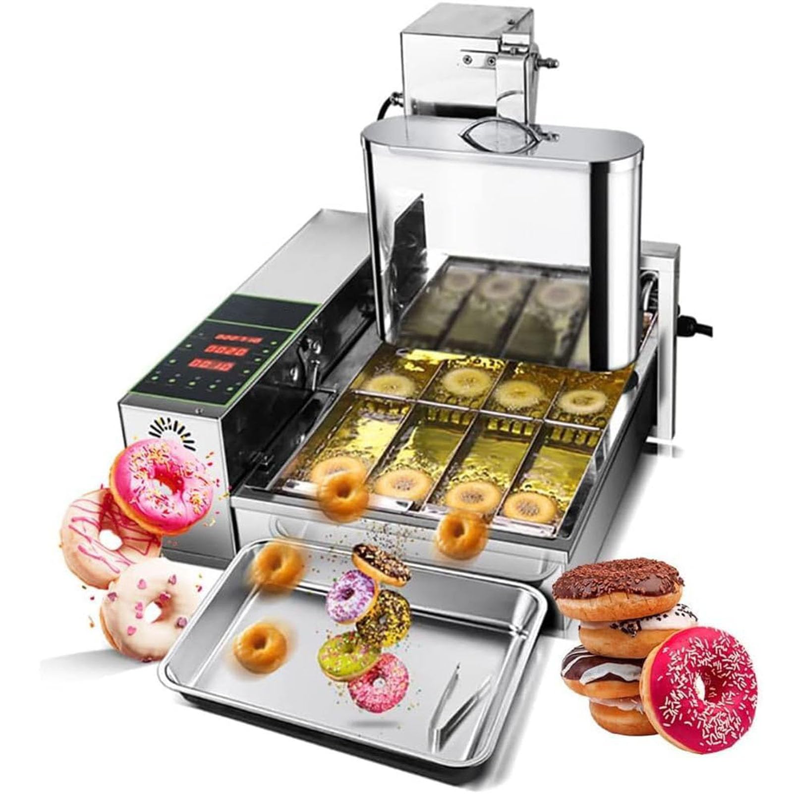 Máquina Comercial para Hacer donas, máquina para Hacer Mini donas de Acero Inoxidable de 4 Filas con Panel de Control Inteligente, freidora Digital automática para donas,