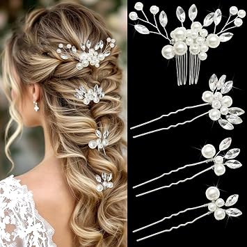 Pearl Wedding Hair Pins Bridal Pearl Crystal Hair Comb Silver Headpiece Wedding Hair Jewelry Bridesmaid Hair Accessories for Women and Girls Prom Dinner Pack of 4