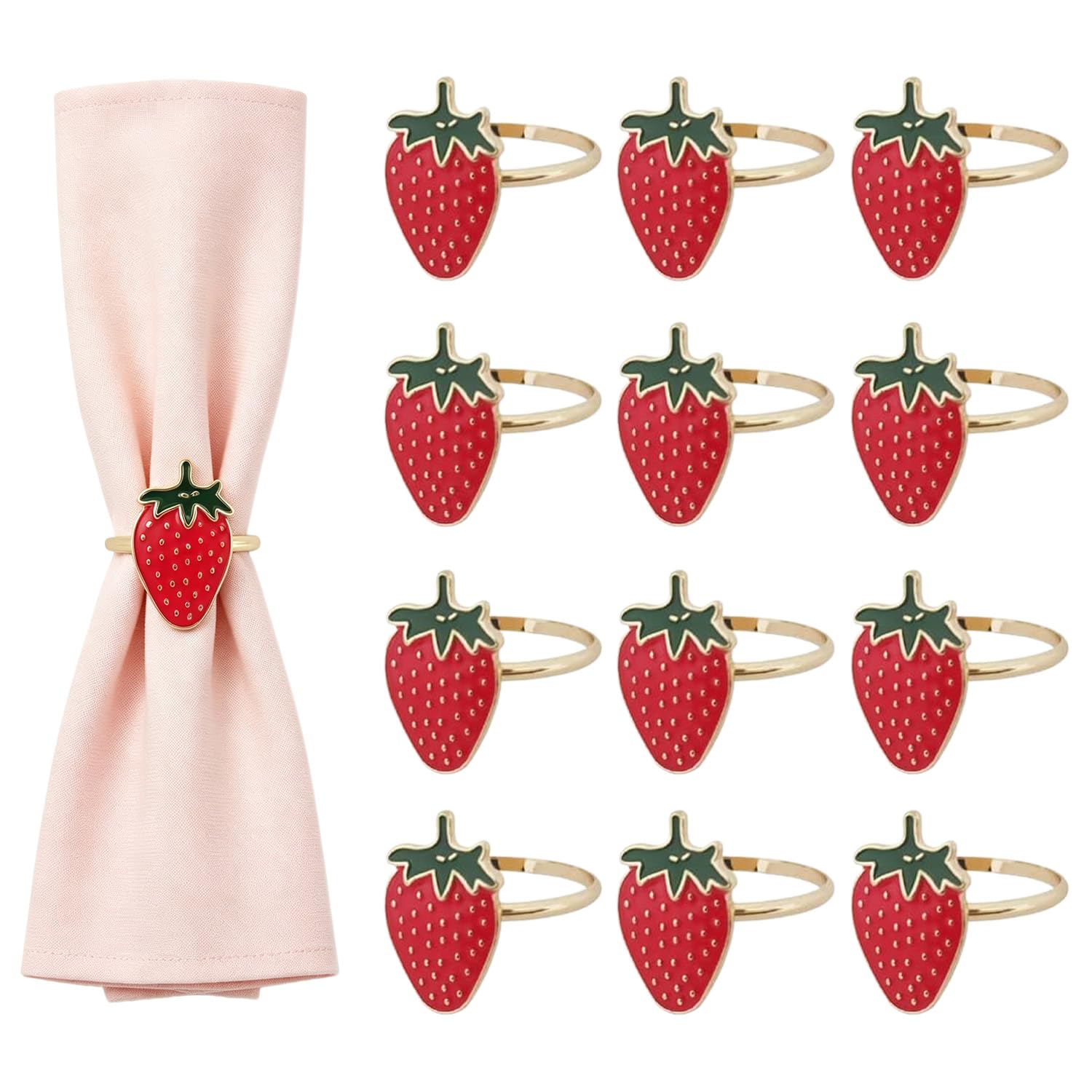 #Brandname Rose Gold #[Brandname] Strawberry Napkin Rings, Set Of 12, Alloy Metal, For Holiday Party Decoration