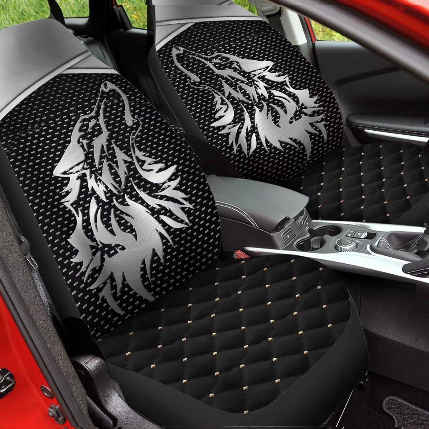 Silver Wolf Print Car Seat Covers,2 Pcs Auto Seat Cover for Front, Universal Elastic Vehicle Seats Cushion Automotive Interior Protection Accessories for Women