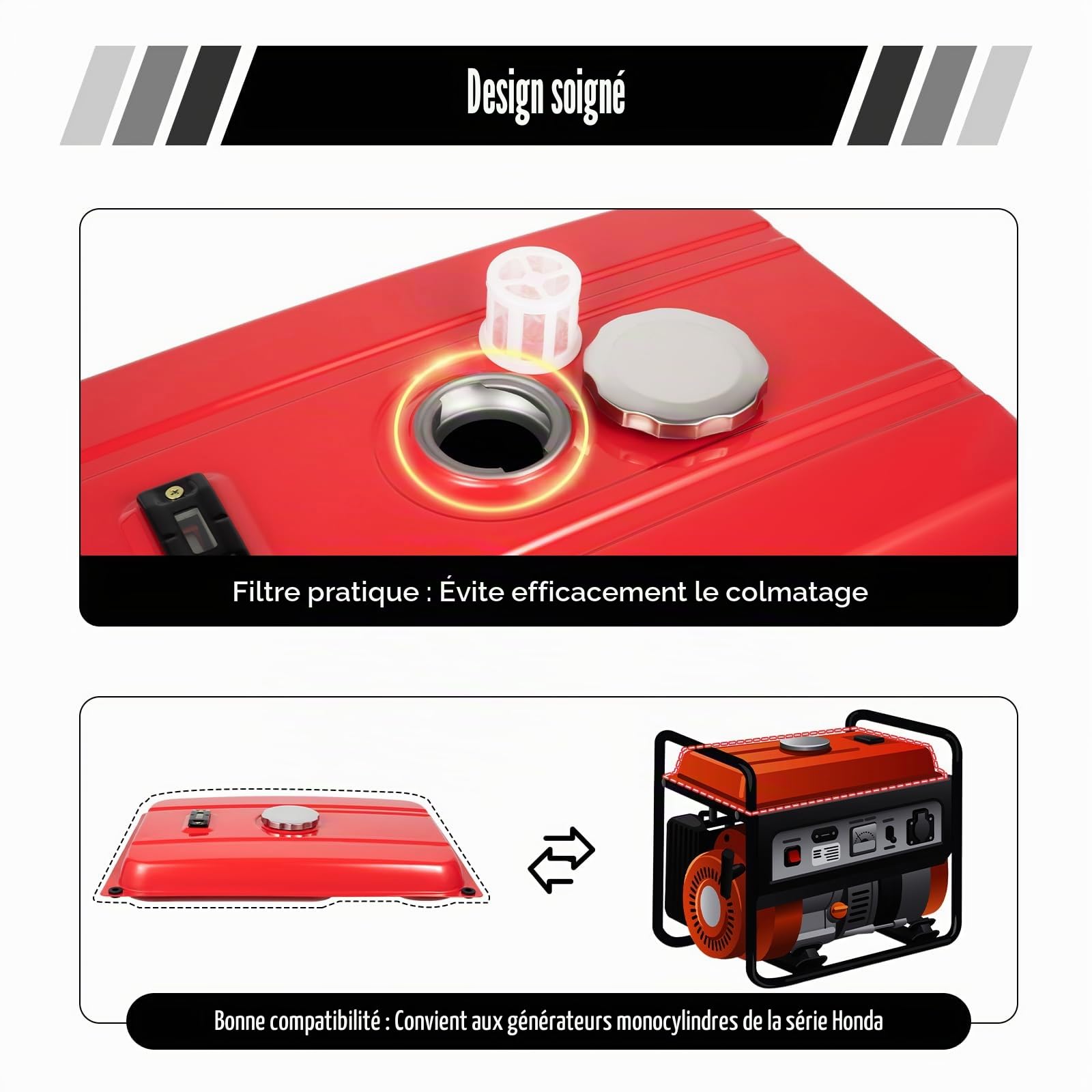 Générateur de réservoir de carburant universel [15 l fer] pour générateurs de courant, avec filtre et robinet, 54,9 x 36 cm (rouge) pour chantier/travail du bois