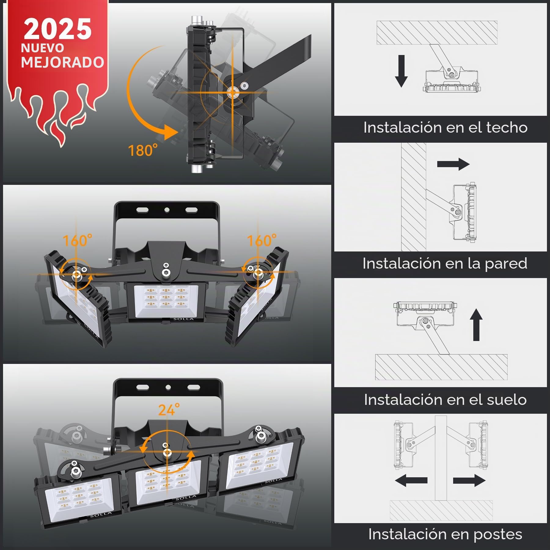 SOLLA 150W 2025 Plus RECIENTEMENTE ACTUALIZADO Foco LED para exteriores, 15000LM 6000K Luz blanca diurna IP66 Resistente al agua, iluminación de estadio, 3 cabezas ajustables Iluminación de seguridad