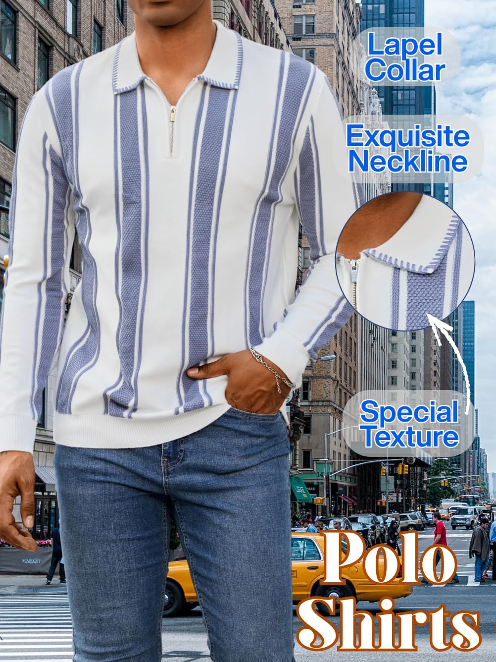 Men's Slim Fit Lapel Quarter-Zip Polo, Striped Lightweight Knit Pullover for Casual Wear