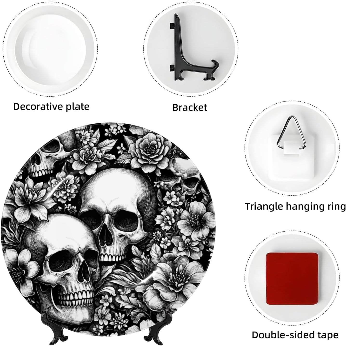 Skull And Flower Pattern Style Ceramic Plate Display Decorative Plate With Stand Wall Hanging Plate For Home Decor 10 Inch