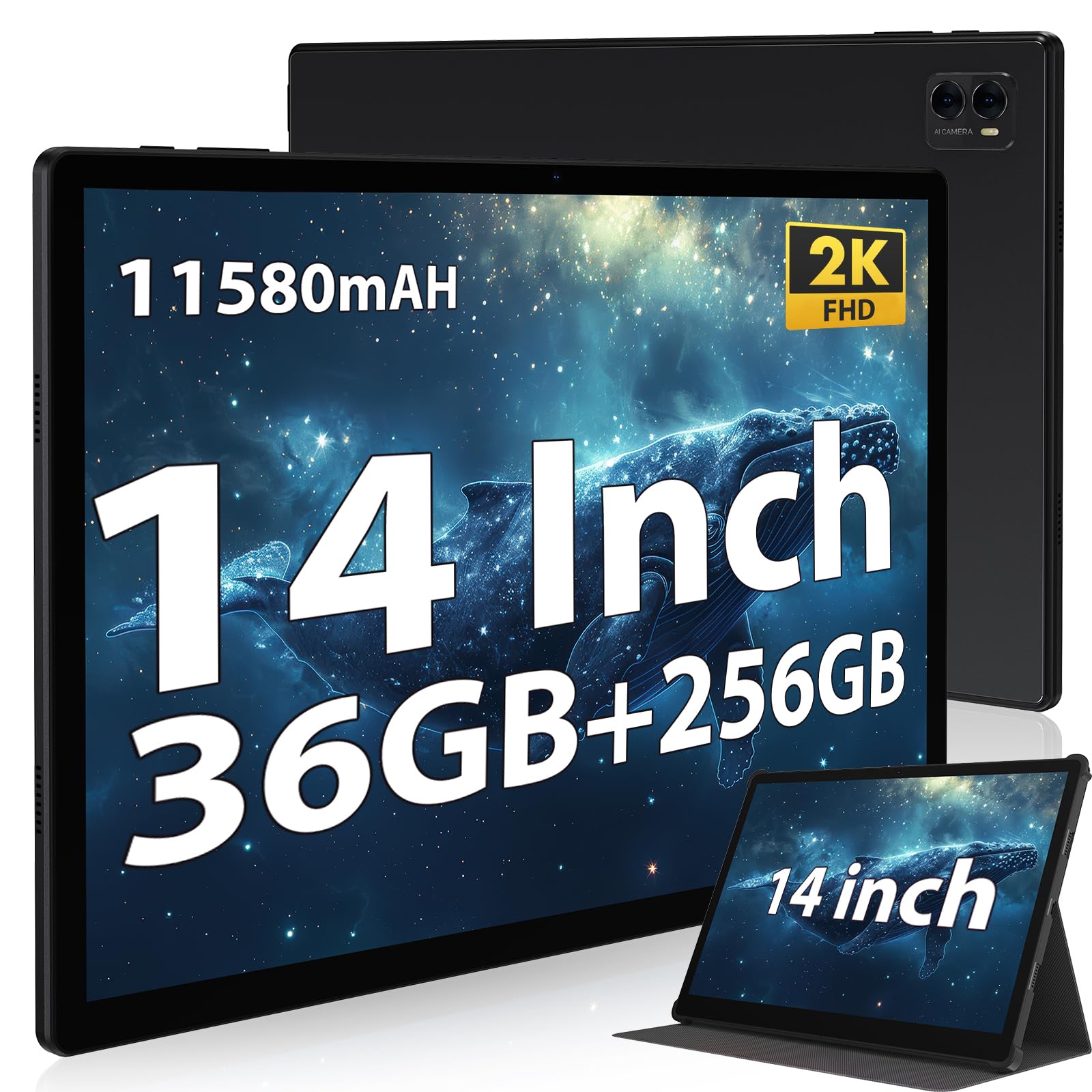 14 Inch Tablet, Android Tablet Large Screen,256GB ROM(Expand to 1TB), 2K IPS Incell Display Tablets, 11580 mAh 18W PD Fast Charging, Octa-core T616,4 Speakers,5G WiFi Tablette - Black