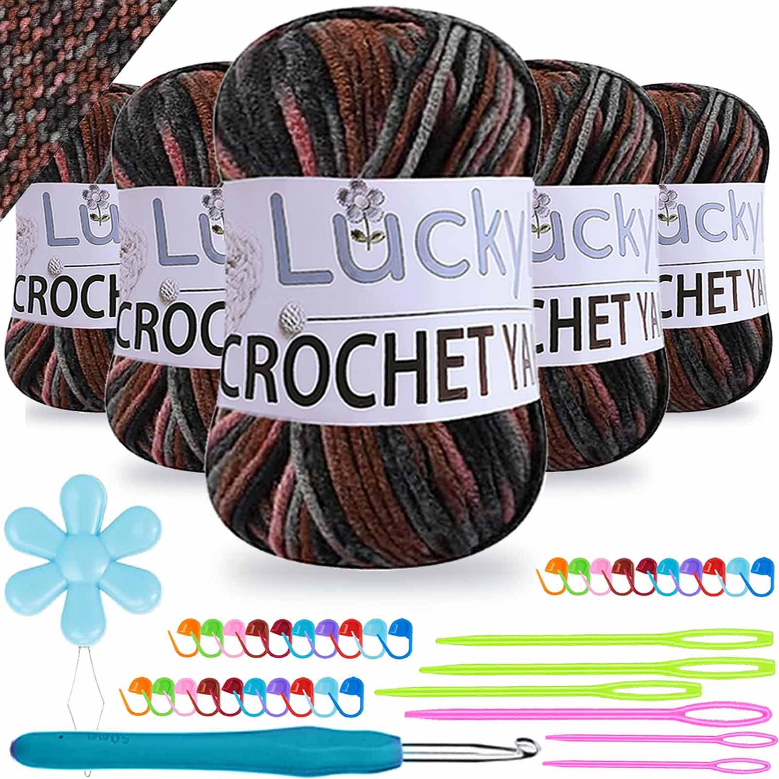 Crochet Yarn Double Knitting Wool (6X50g), Multicoloured Acrylic Yarn Crochet Wool with Aluminum Crochet Hooks Stitch Markers for DIY Craft Blankets Socks Dolls (Pink Coffee Grey)