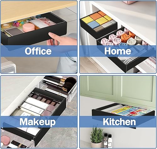 Miniatura 7 de Organizador de almacenamiento de cajones para mesa debajo del escritorio, paquete de 3 cajones de escritorio grandes, medianos y pequeños,