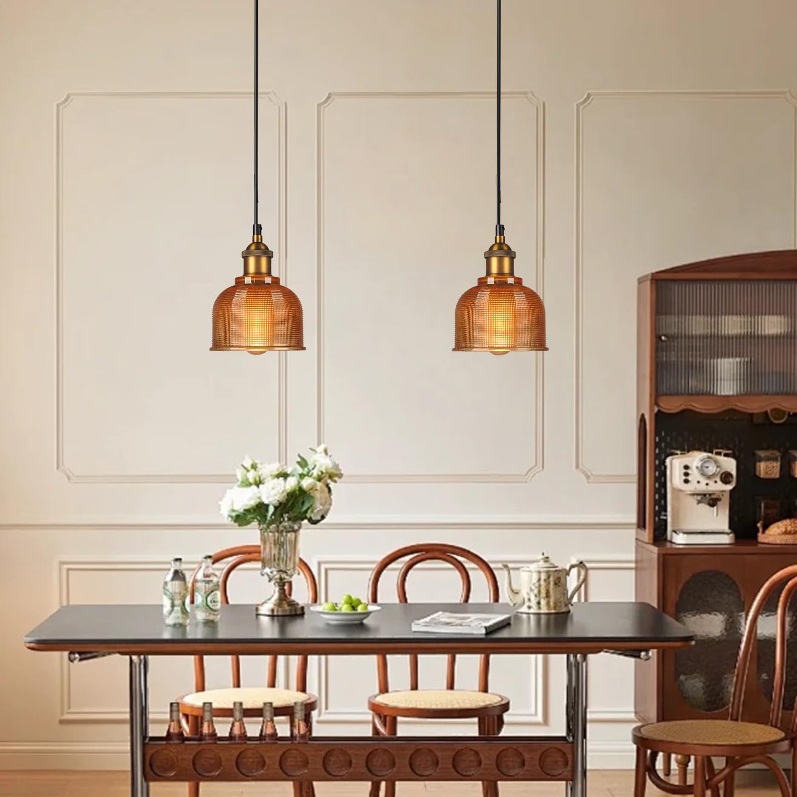 Lampadario Vintage in Vetro Rotondo e Ottone Antico, Industriale E27 Lampada a Sospensione da Soffitto per Cucina, Sala da Pranzo e Caffetteria (Ambra, 15cm)