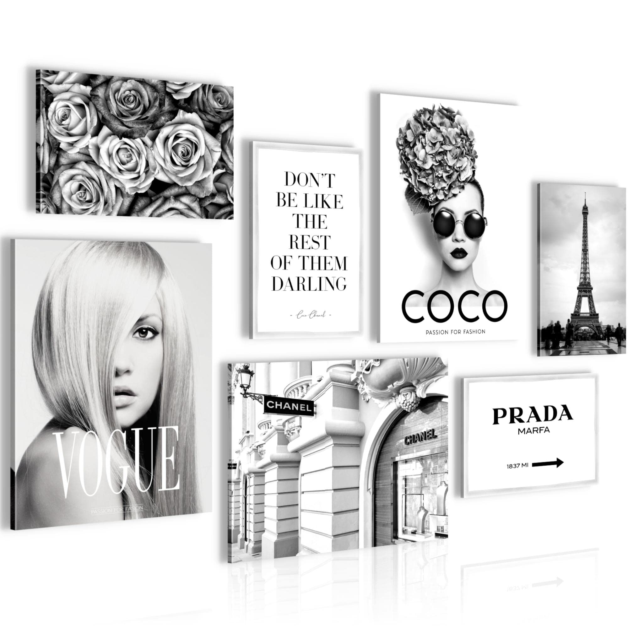 Novart Wandbilder Fashion Coco - KOMPLETT AUFHÄNGFERTIG - Schwarz Weiss Wohnzimmer Mädchen Teenager - 7 Moderne Mood-Bilder - N009071a