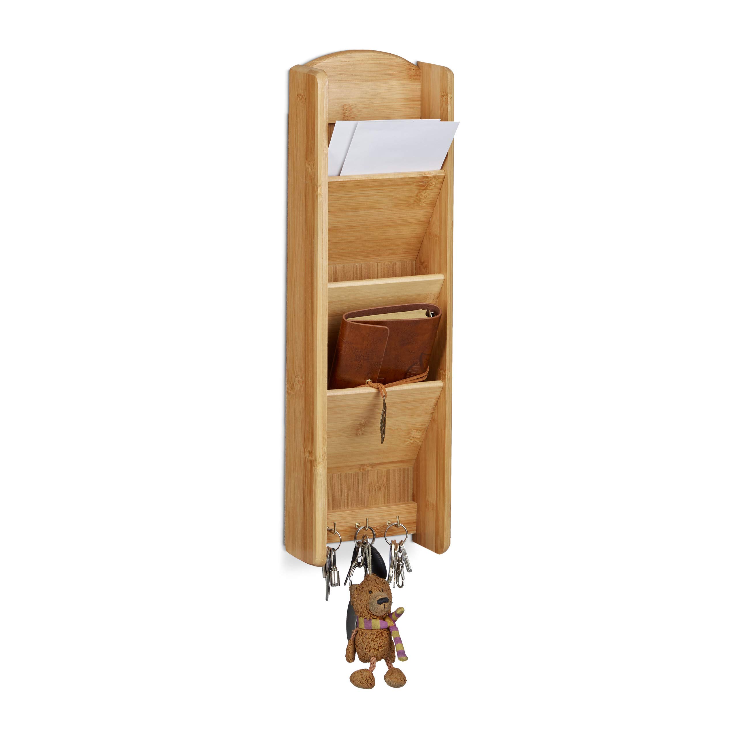 Relaxdays – Colgador de Llaves, Hecho de bambú, 7.5 x 15 x 49.5 cm, 3 depósitos, 3 Ganchos para Llaves, Madera, Organizador de Pared, Color Natural