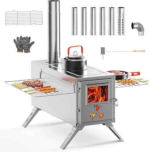 Estufa de leña, estufa de tienda de campaña caliente, estufa portátil de leña de acero inoxidable con 7 tubos de chimenea para tienda de campaña de