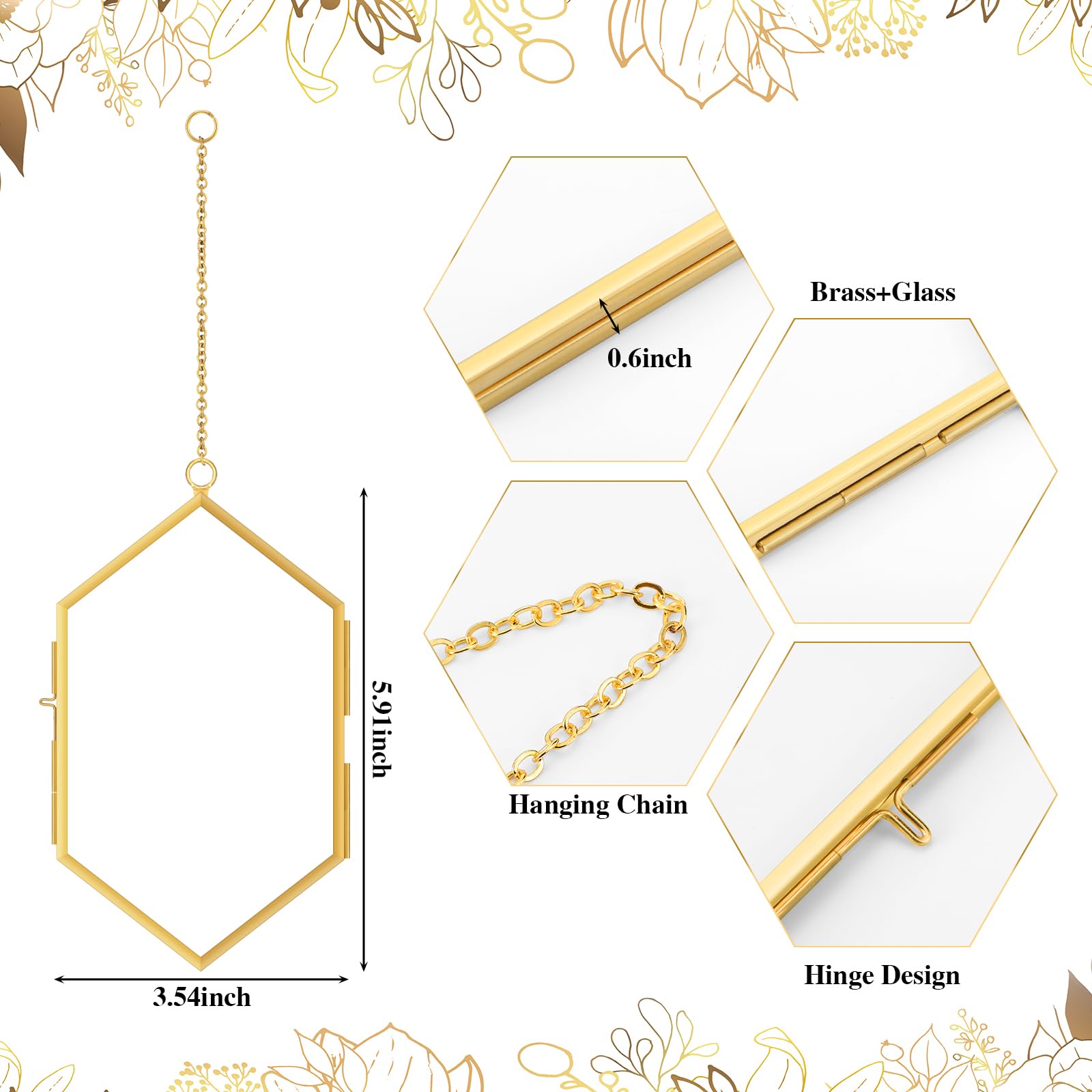 Qunclay 4 Stück schwebender Blumenrahmen zum Aufhängen, gepresster Blumenrahmen, DIY, sechseckiges Glas mit Kette, doppeltes schwimmendes Bild, geometrische Wanddekoration für Bild in der Heimgalerie