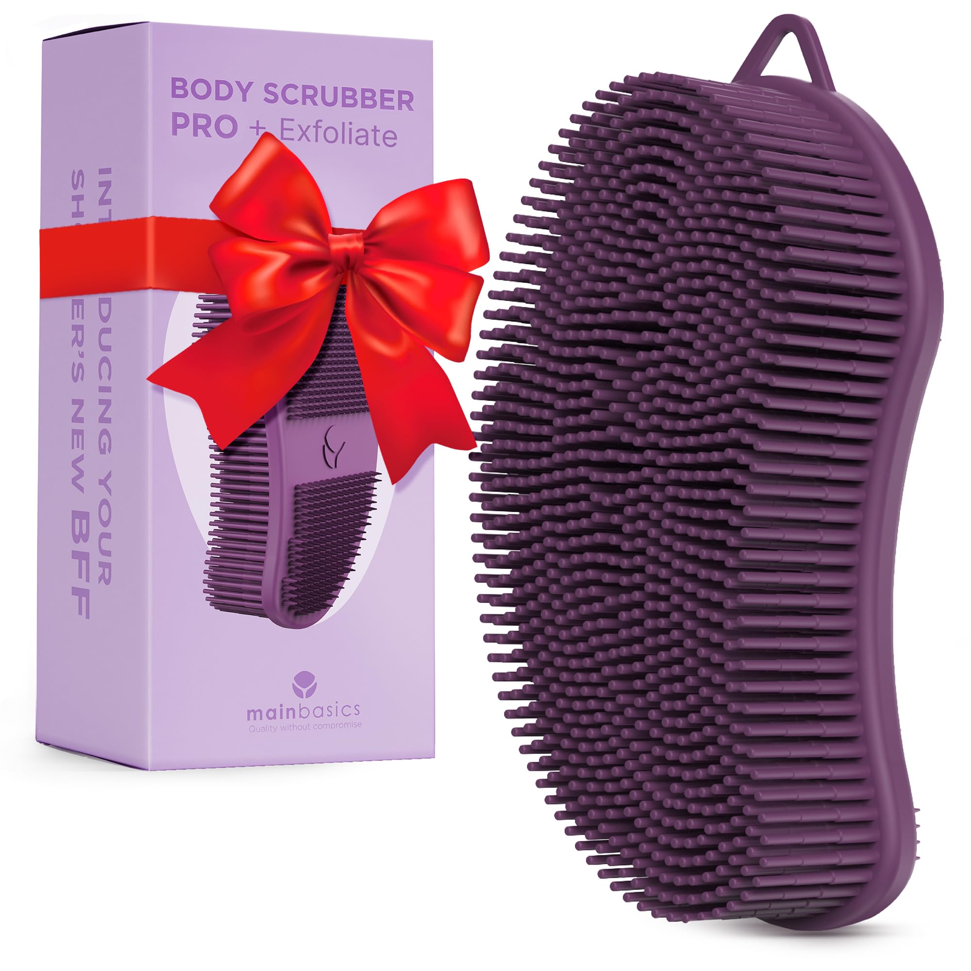 MainBasics Silicone Body Scrubber – Dual-Sided Shower Exfoliator for Men & Women, Gentle Silicone Loofah Alternative for Deep Clean (Purple, Exfoliate)