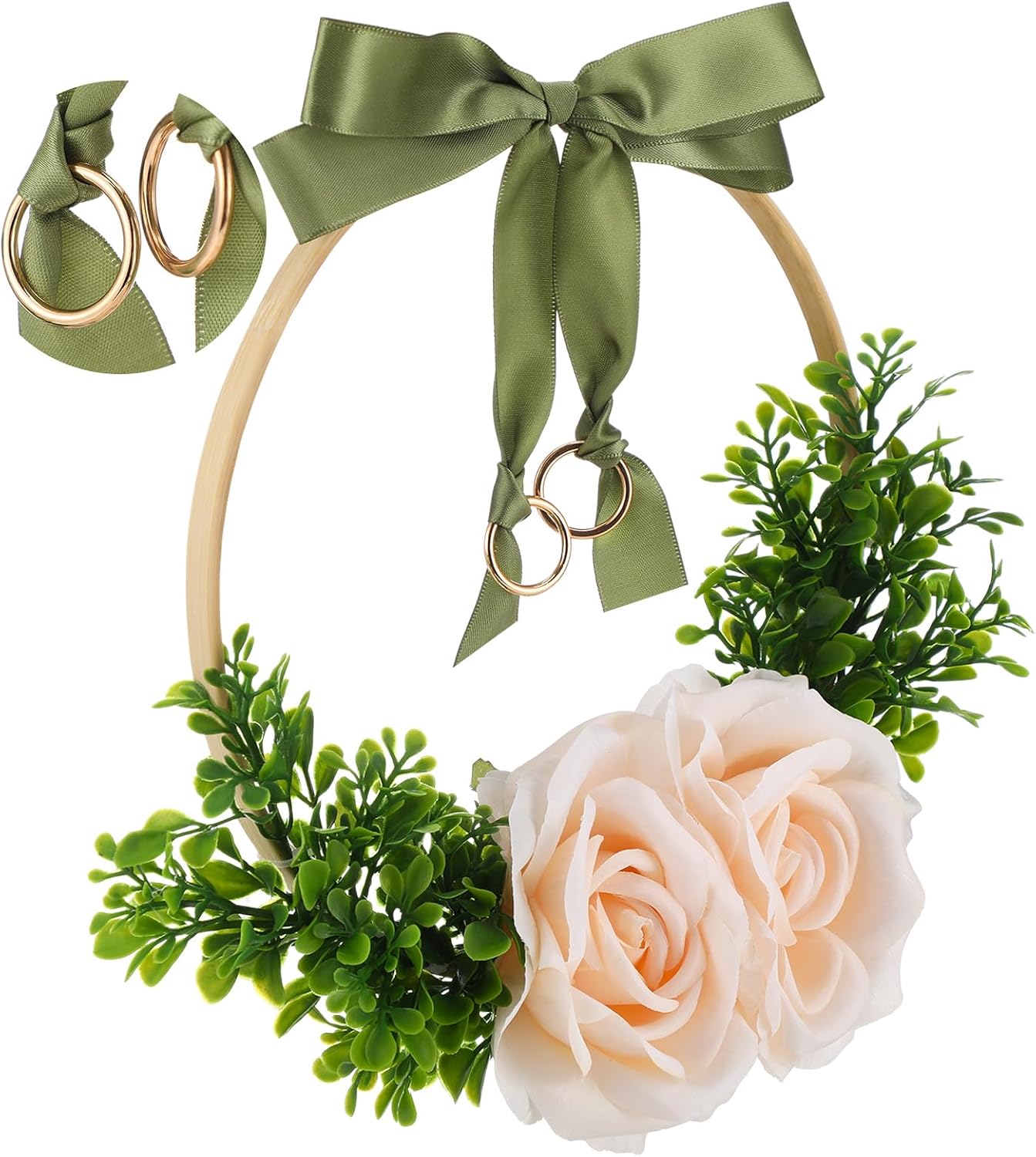 Liliaafar Floral Hoop Wedding Ring Bearer Holder - Elegant Artificial Rose, Eucalyptus & Green Ribbon Bow Decoration, Perfect Ring Pillow Alternative, No Kids Needed, Adult-Only Wedding Ceremony