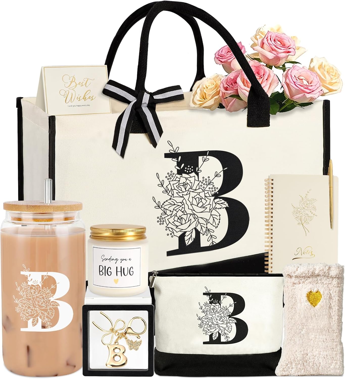 Birthday Gifts for Women,Monogrammed Personalized Gifts-Initial Tote Bag Gift Set for Her, Mom, Teacher