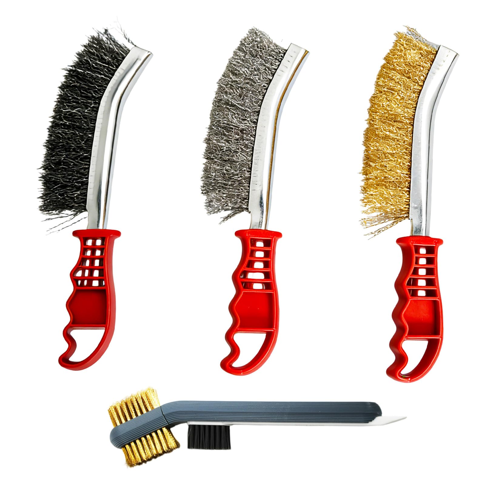4-Piece Wire Brushes for Cleaning Set: Brass Wire Brush for Rust Removal, Knife-Shape Stainless & Carbon Steel Brushes, 3-in-1 Head with Detachable Nylon Bristles, All with ABS Handles