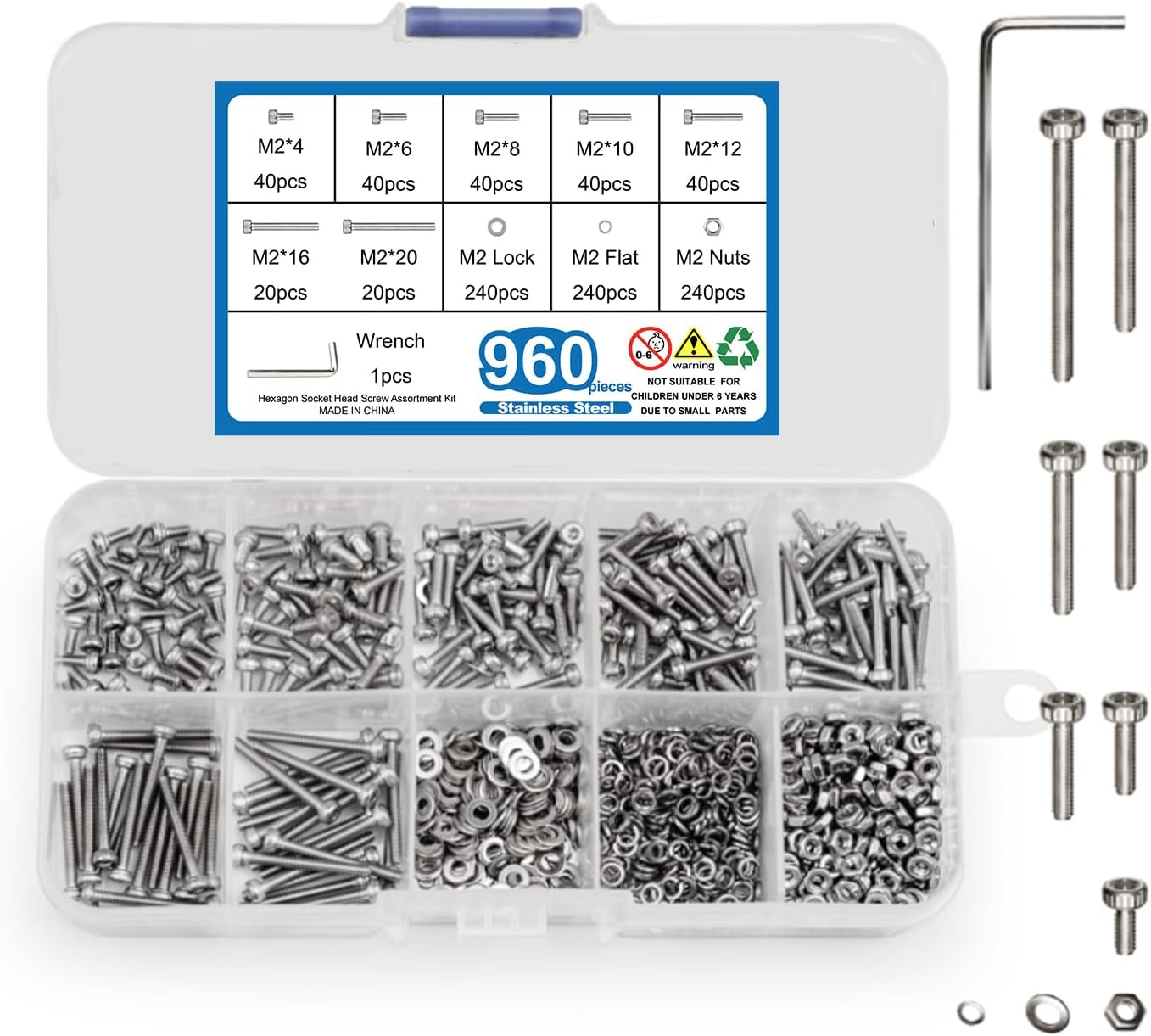 – 960 Pcs M2 Bolts and Nuts Set, Stainless Steel Hex Socket Head Cap Screws with Washers for Repair Fastener