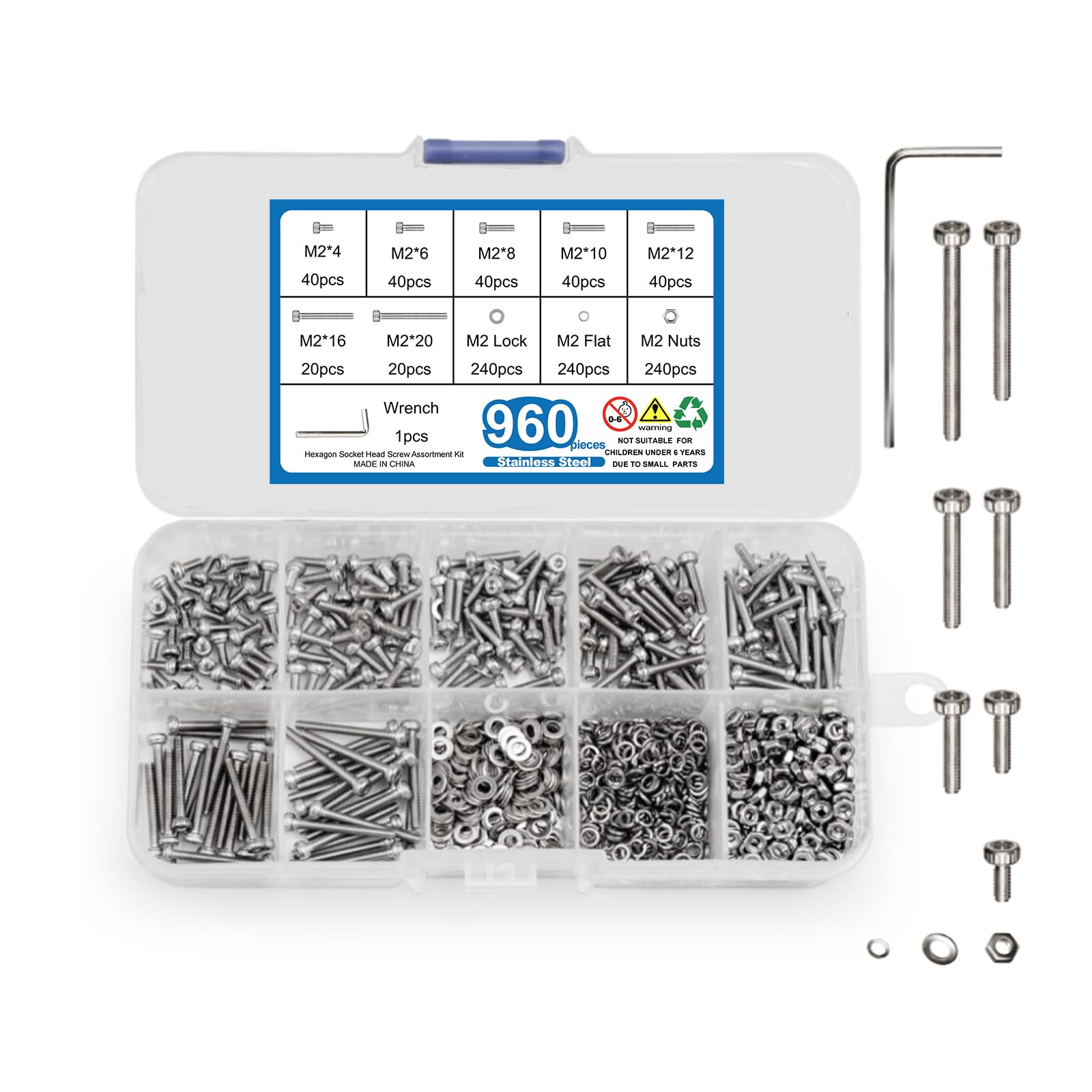 960 Pcs M2 Bolts and Nuts Set, Stainless Steel Hex Socket Head Cap Screws with Washers for Repair Fastener