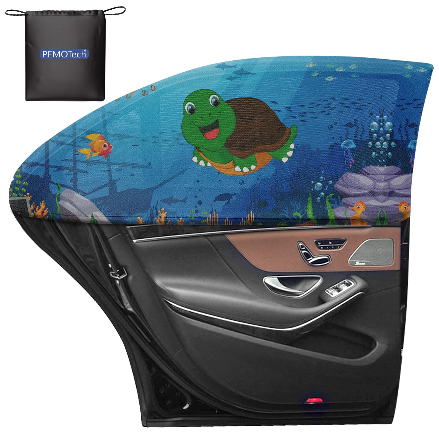 PEMOTech Sonnenschutz Auto Baby, [2 Pack/Cartoon Design] UV-Schutz Sonnenschutz Auto Kinder, Universal Dehnbare Sonnenblenden fit 99% Autos, Sichtschutz für Kinder, Familie, Haustiere, (27.2 „x39.8“)