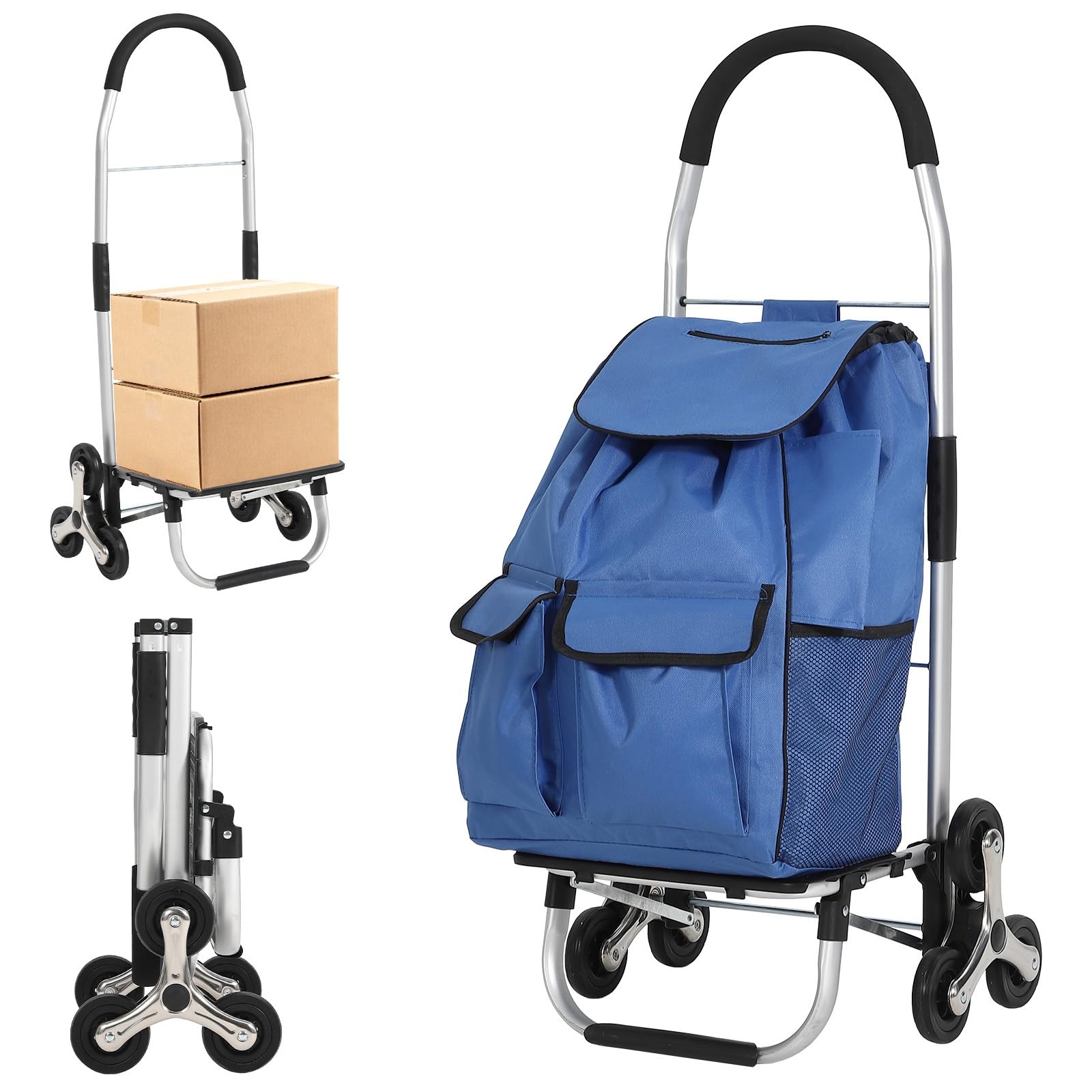 3 in 1 Folding Shopping Cart, Heavy Duty Stair Climber Dolly, 176LBS Stair Climbing Handcart Portable Grocery Cart with 6 Wheels and 36L Oxford Cloth