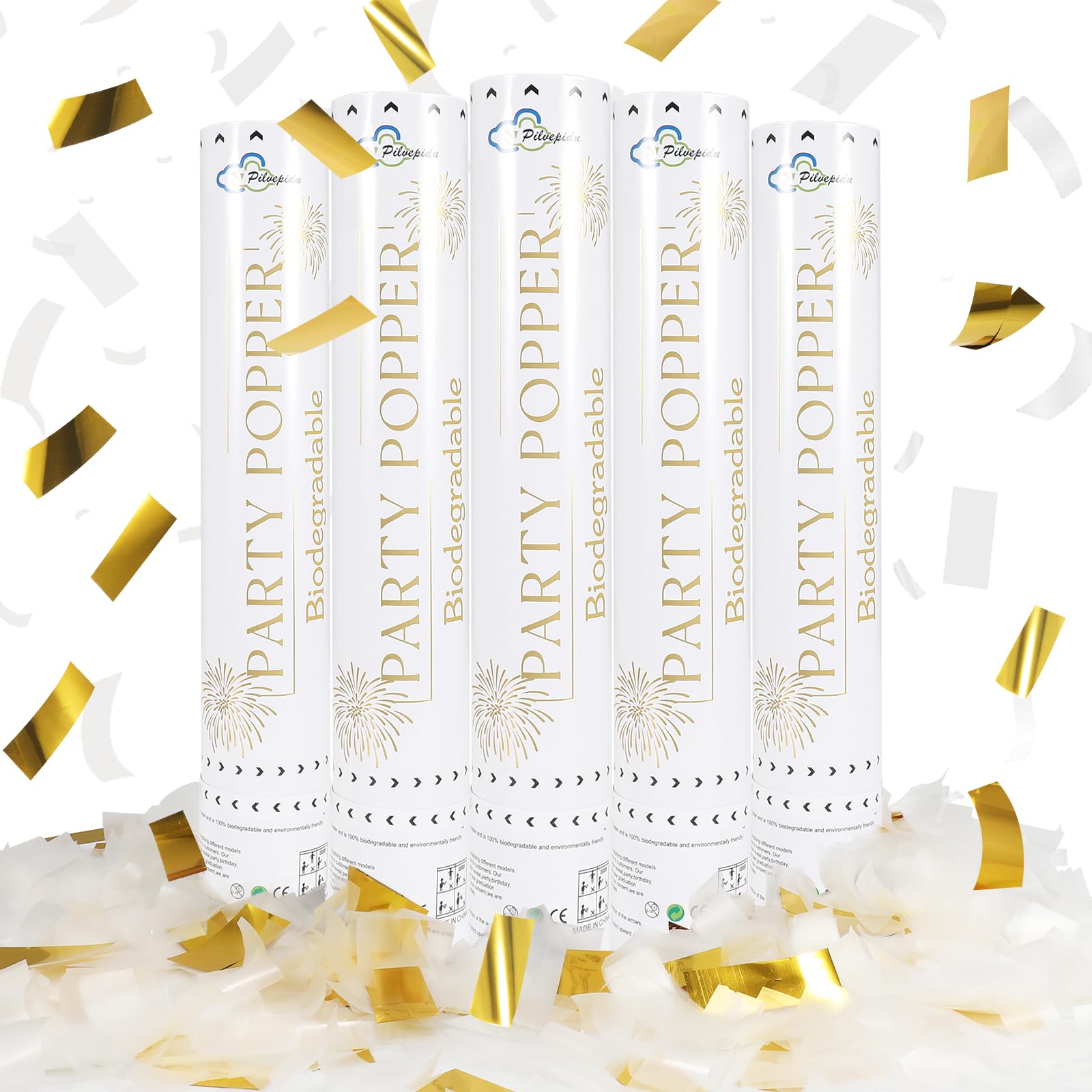 White Mix Gold Rice Confetti Cannon,6Pack Biodegradable Mulitcolor Confetti Poppers Party Shooters,12inch Party Poppers For Lawns Wedding,Birthday,Celebrations,Photo Shoots and New Years.
