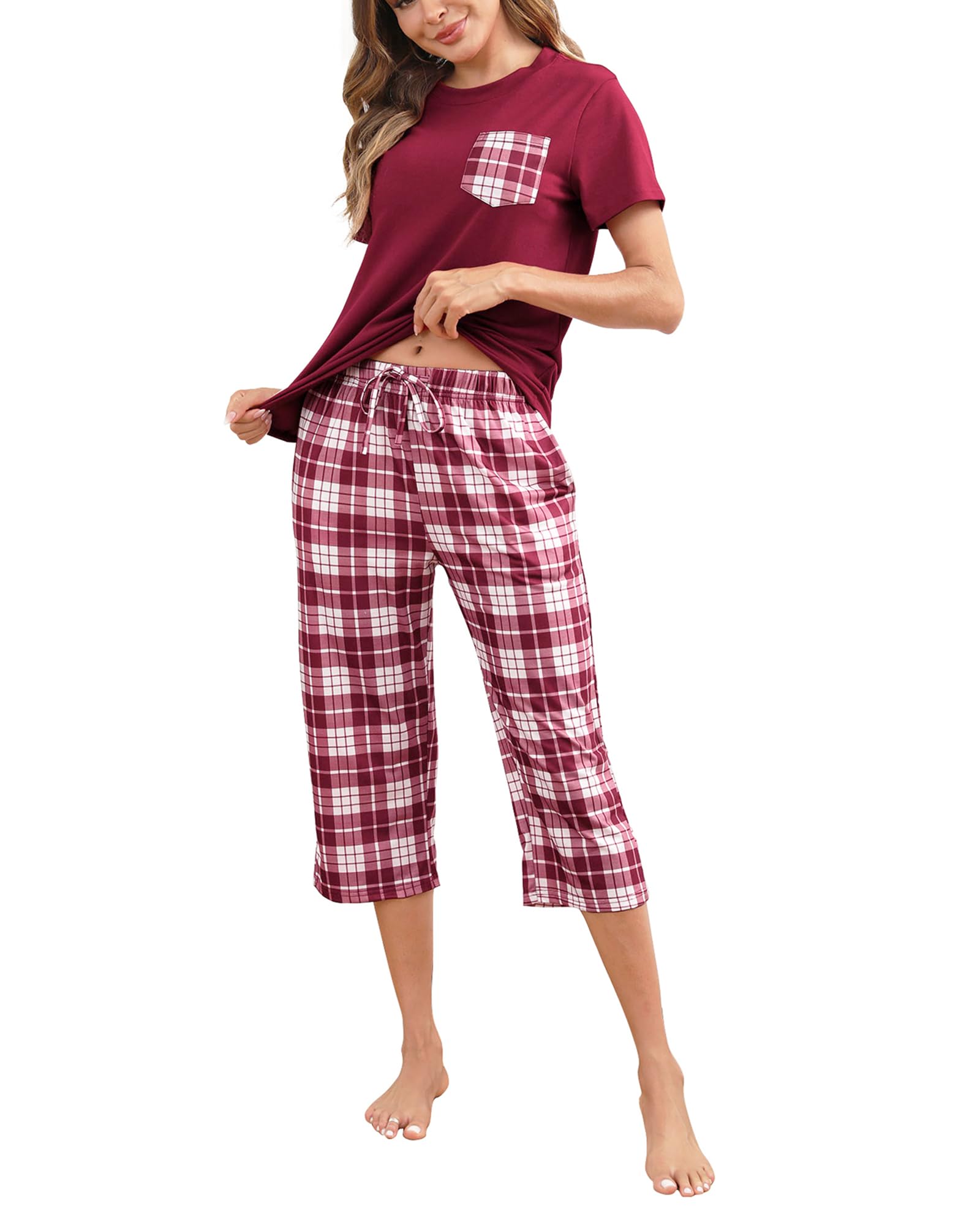 Mchodare Womens Capri Pajama Sets Short Sleeve Sleepwear Top and Capri Pants 2 Pcs Loungewear Soft Round Neck Women's Pj Set